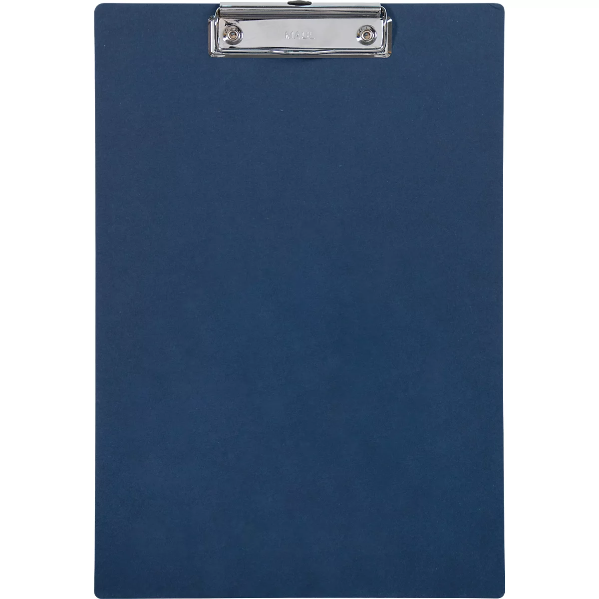 Blaues Klemmbrett mit silberner Klemme.