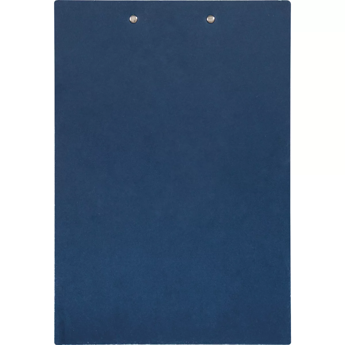 Blaues Klemmbrett mit zwei silbernen Klammern.