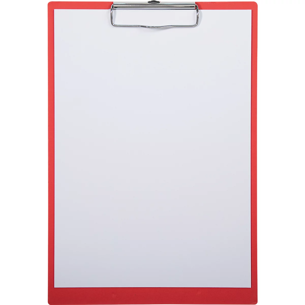 Rotes Klemmbrett mit weißem Papier und Metallklemme.