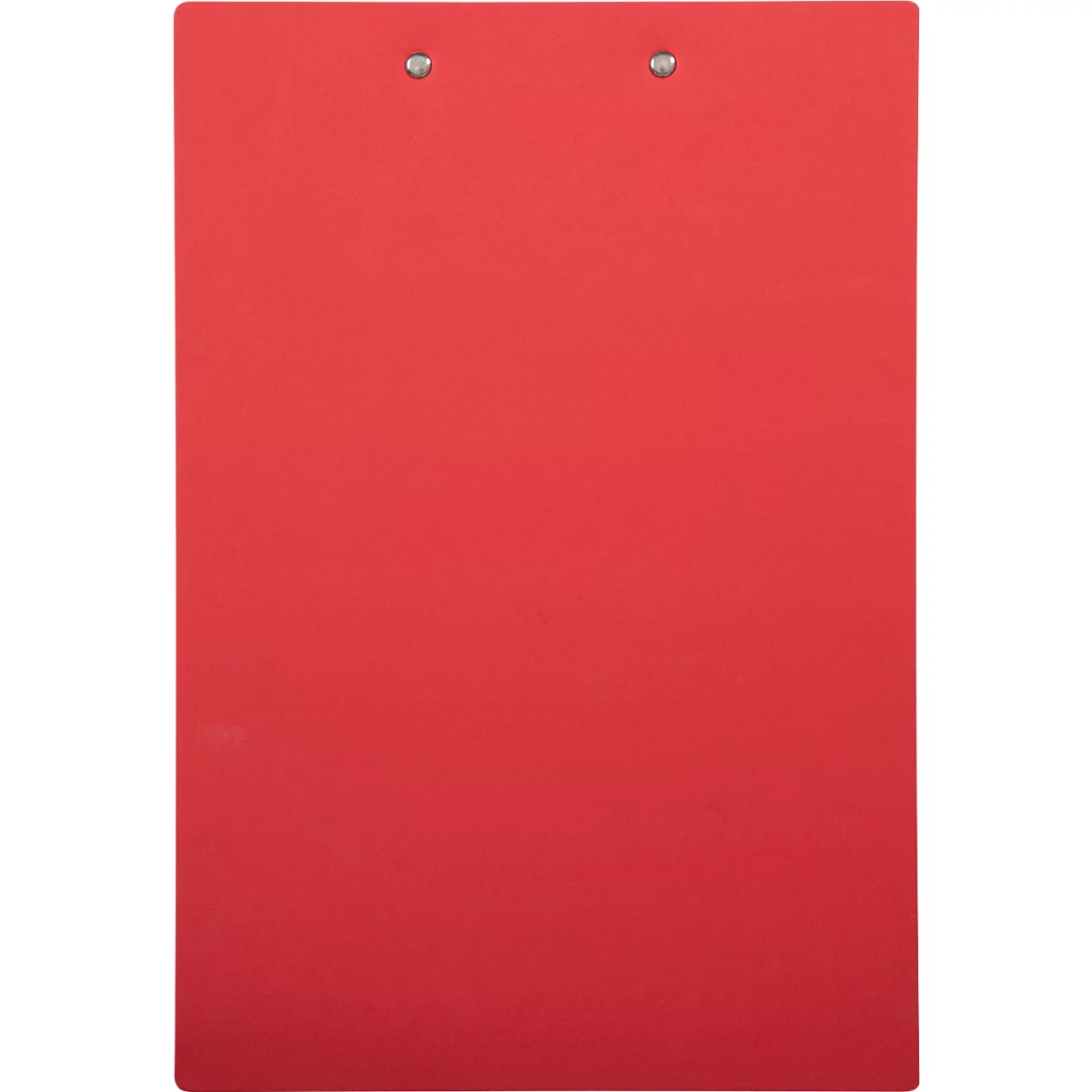 Rotes Klemmbrett mit silbernen Klammern. Es ist leer.