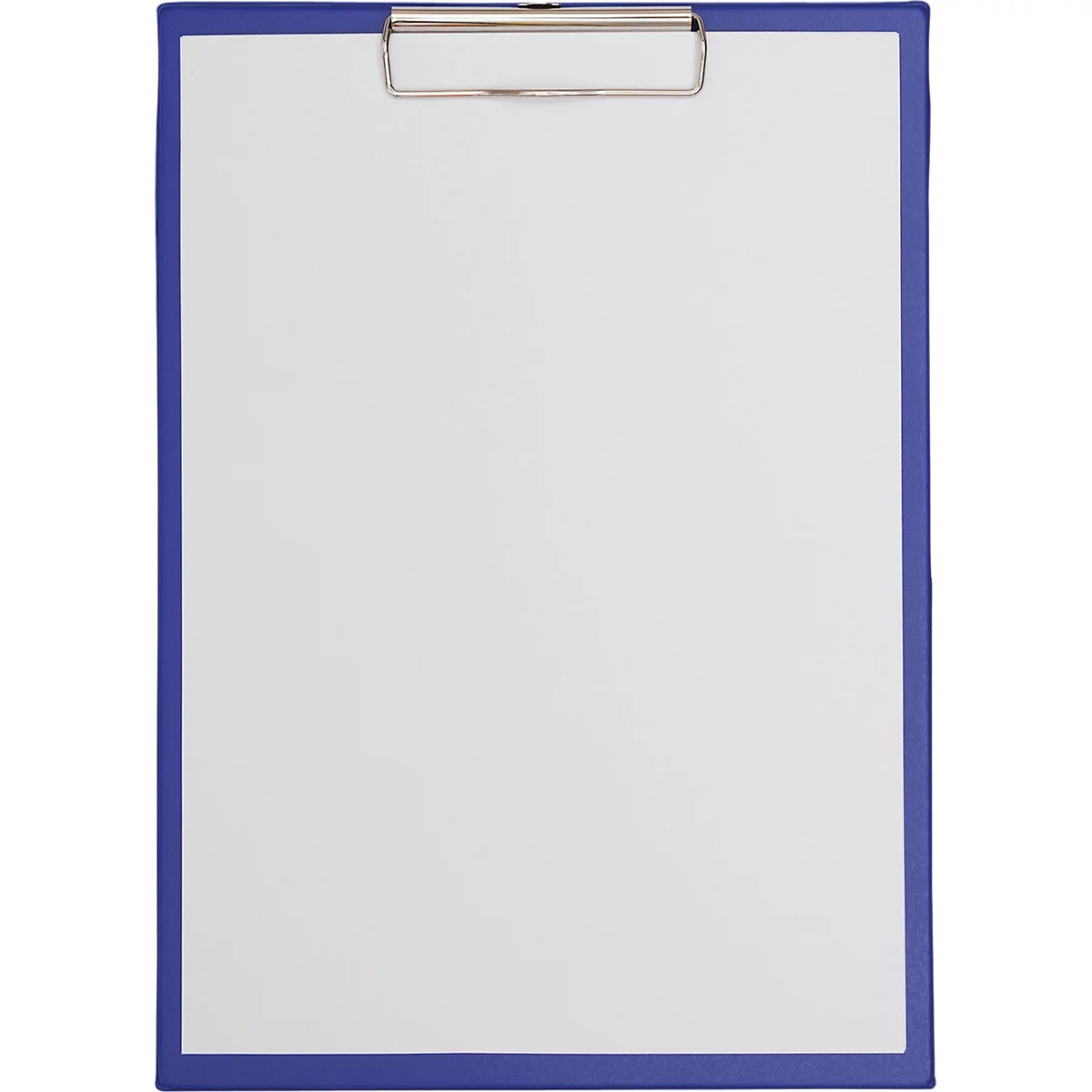 Blau umrandetes Klemmbrett mit weissem Papier und silberner Klammer.