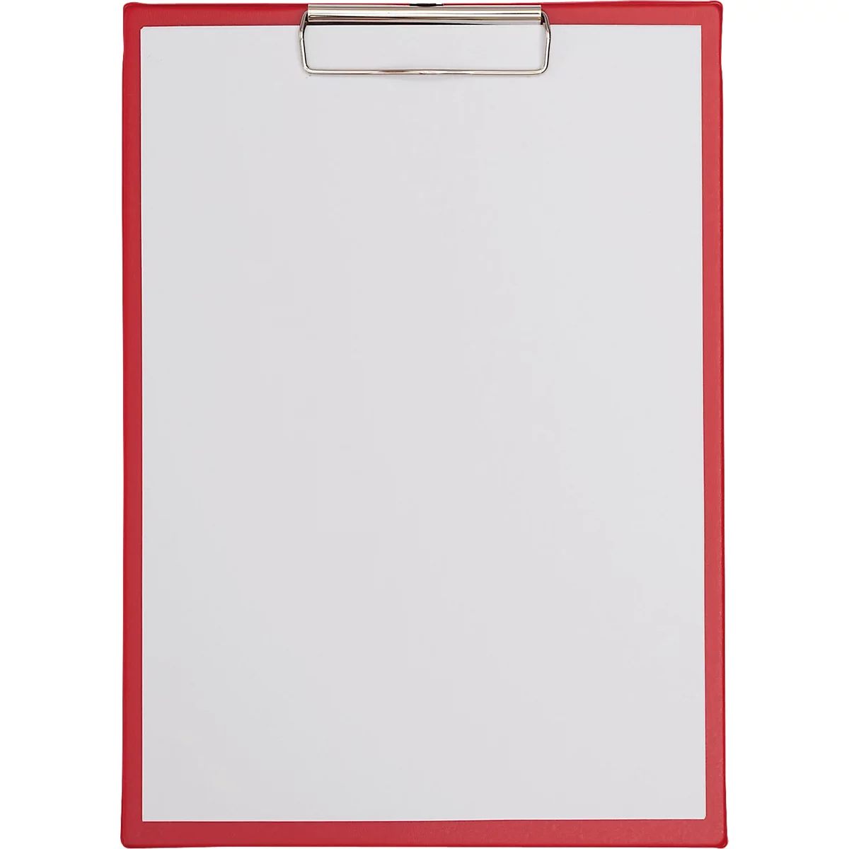 Rote Klemmbrett mit silberfarbener Metallklemme und weißem Papier.