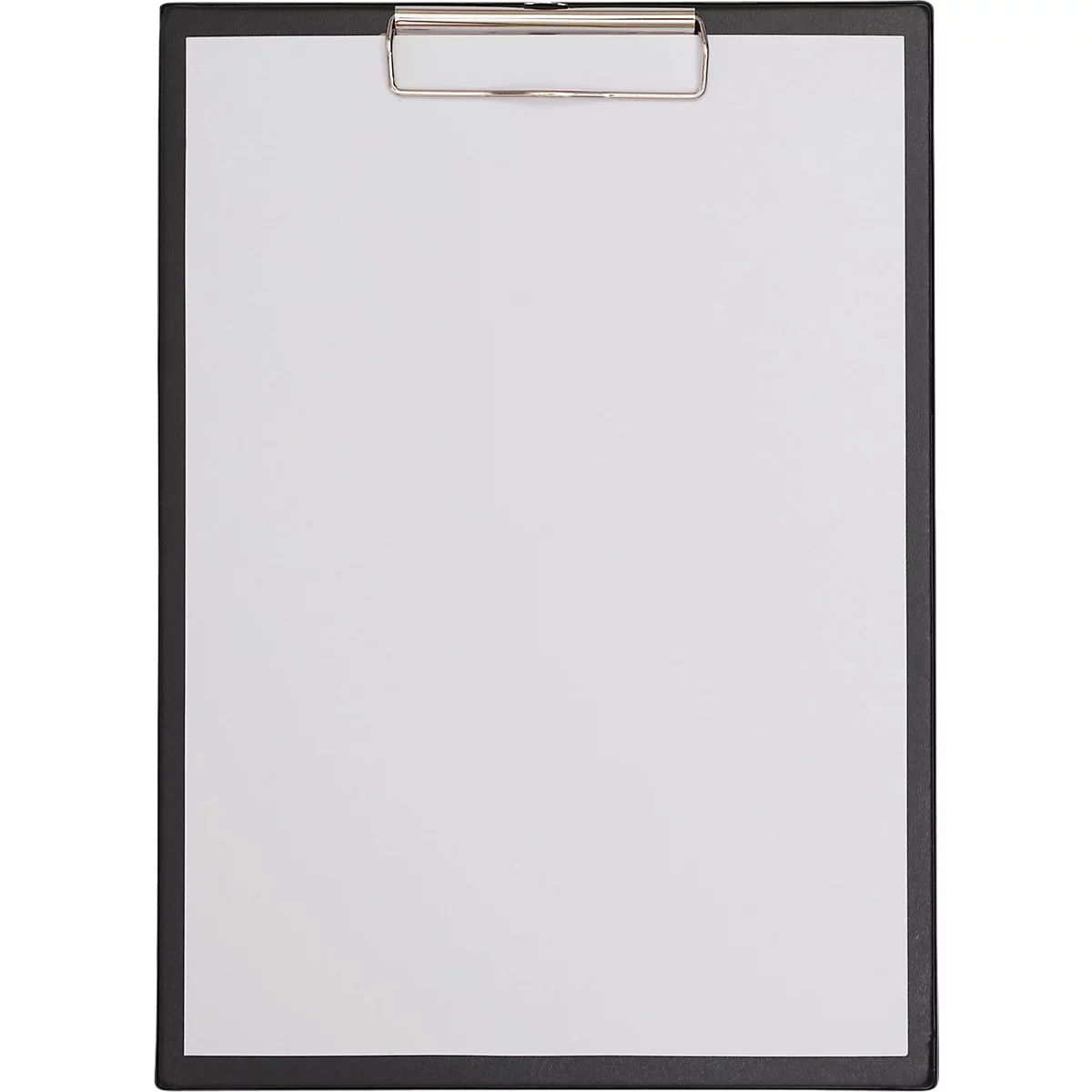 Klemmbrett mit leerem weißen Papier und metallischer Klammer.