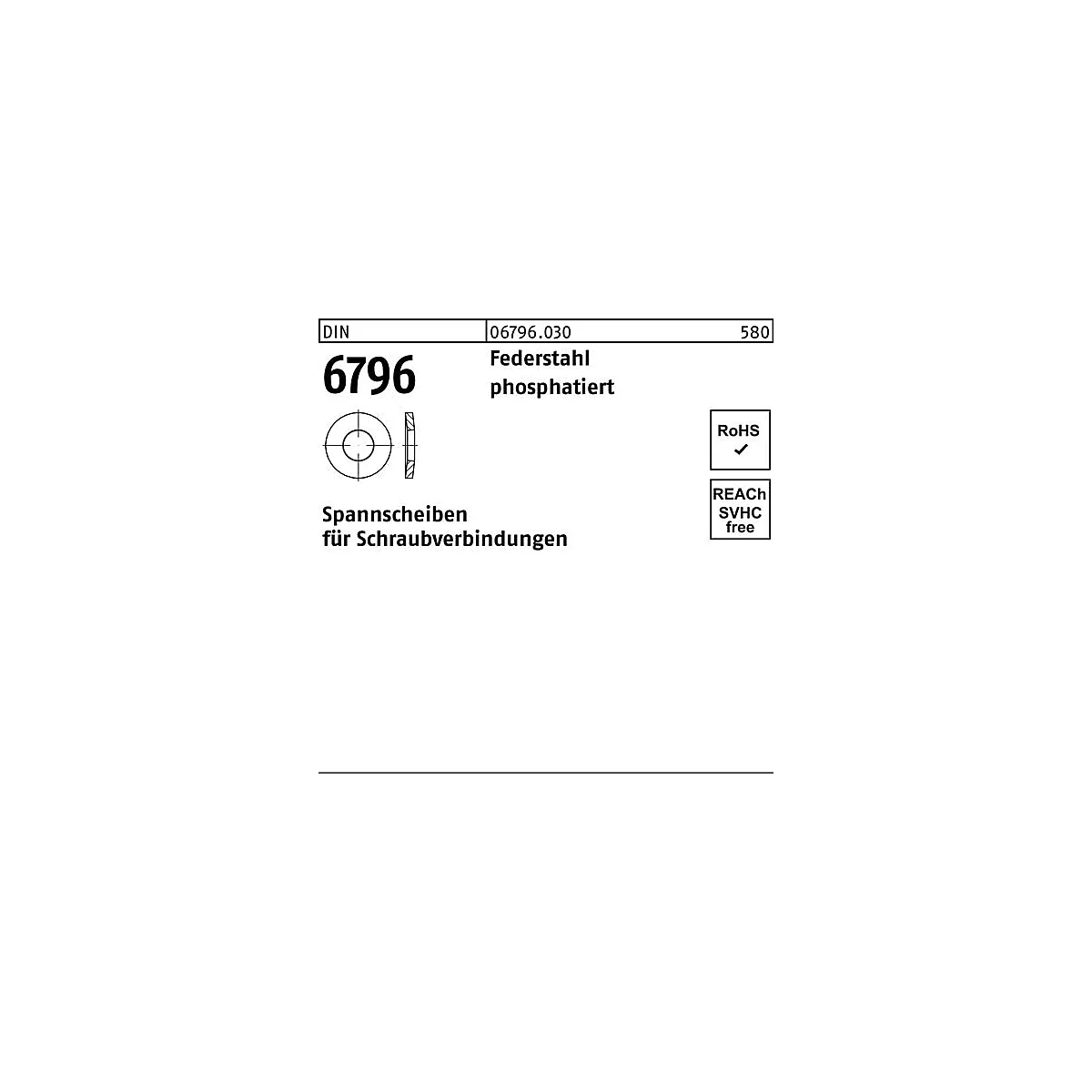 Diagram van een ring met technische gegevens, productnaam en certificeringen. Tekst: 6796, veerspanring, RoHS, REACH SVHC vrij.