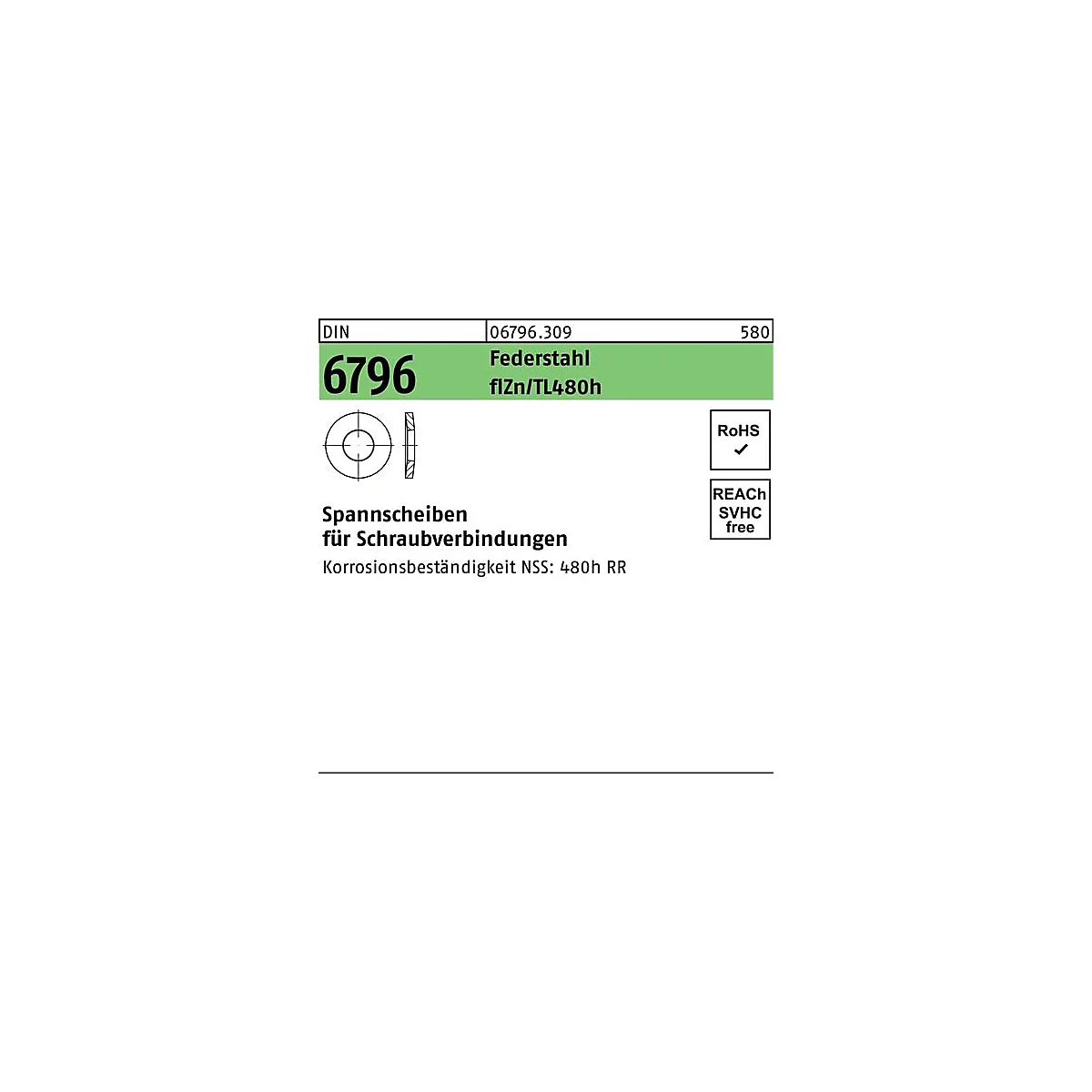 Tekening van een veerspanner. Daarnaast staat informatie: DIN 6796, verenstaal, corrosiebestendigheid, RoHS-teken, REACH SVHC vrij.