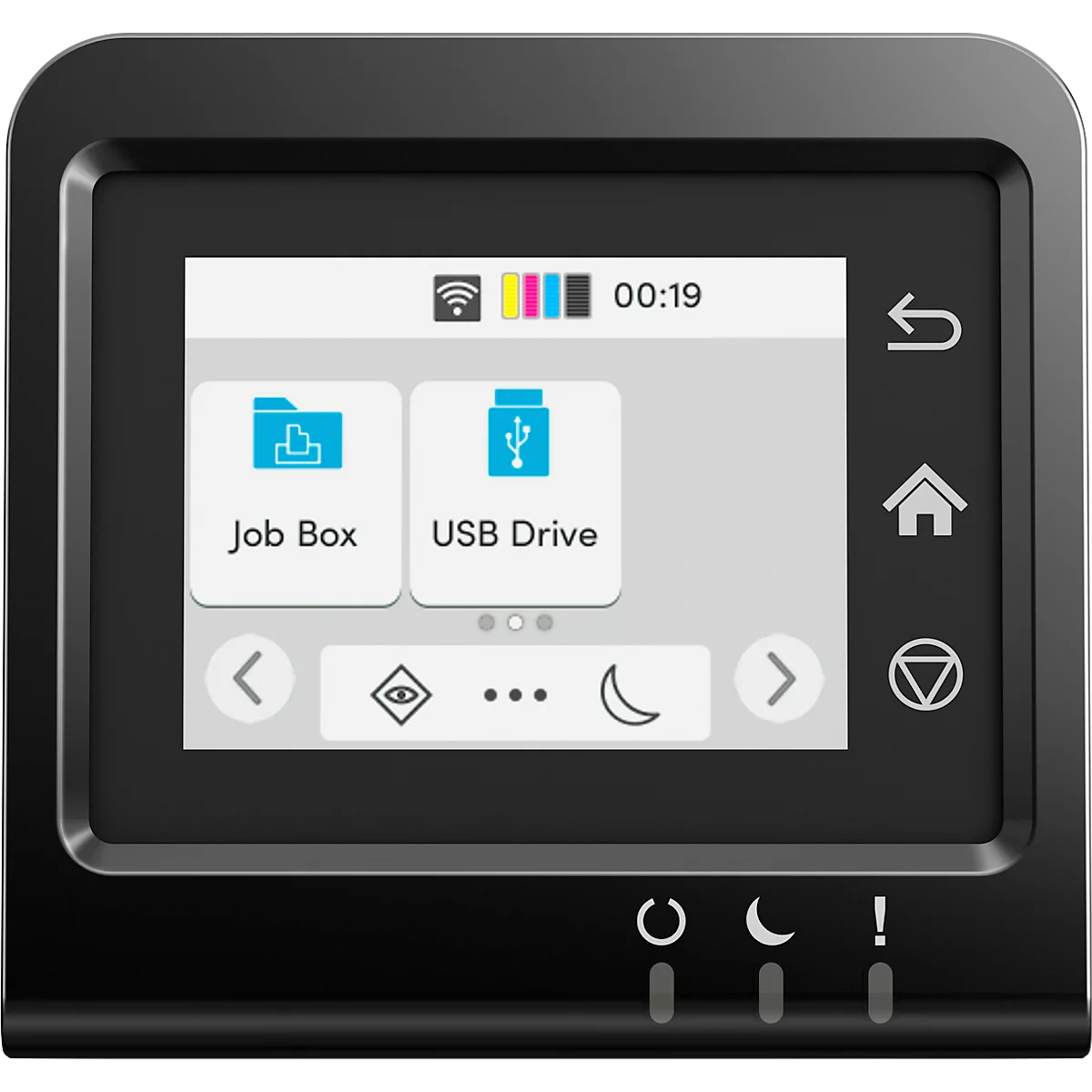 Zwarte printer met touchscreen. Het scherm toont opties als "Job Box" en "USB Drive".