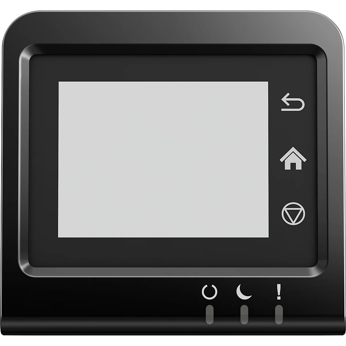 Zwart display met display-iconen, zoals pijl, huis, driehoek en maan. Kleine indicatorlampjes aan de onderkant.