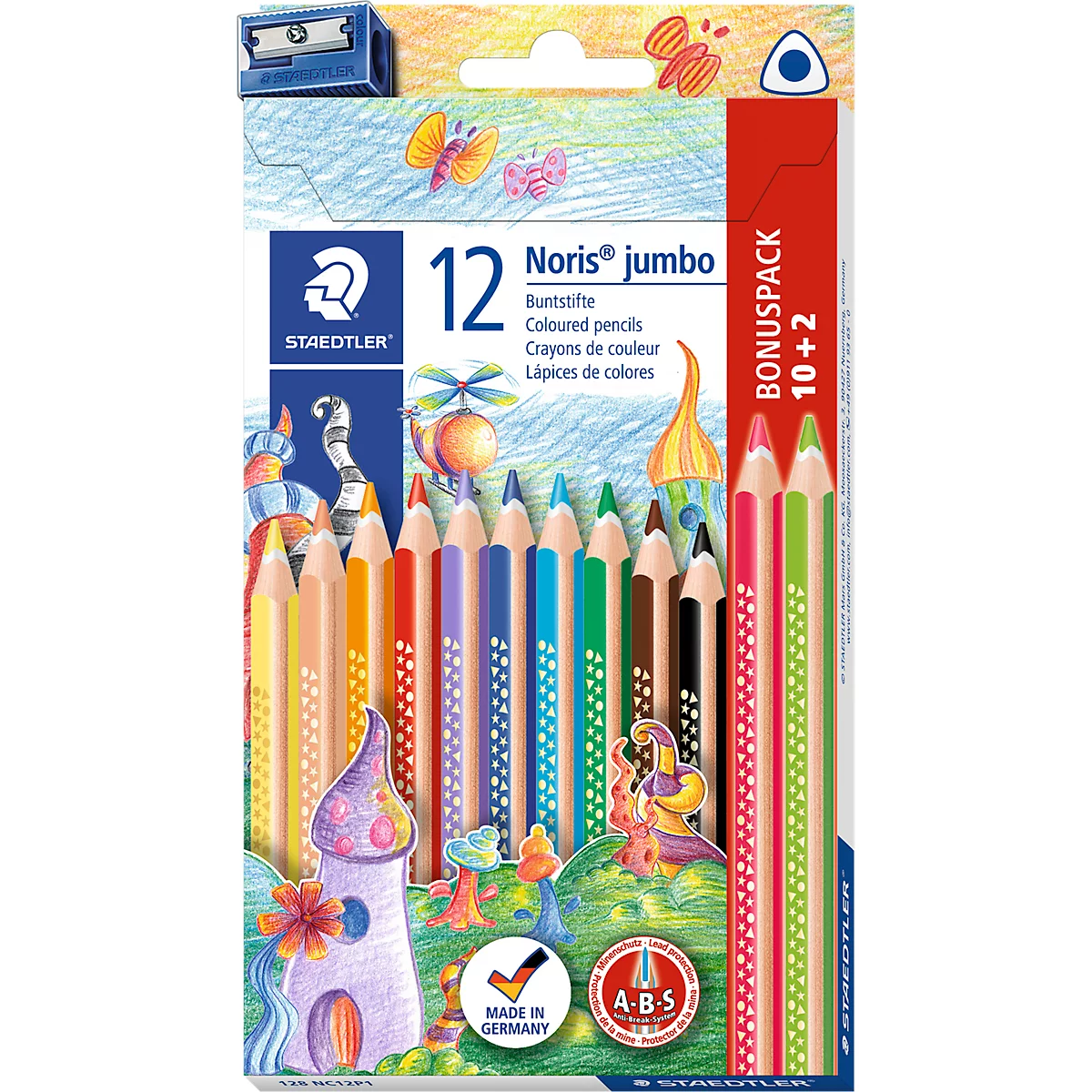Kleurpotloden Staedtler Noris® jumbo 128, 3-kant, ABS stiftbeschermer, stervormig &amp; naamveld, FSC®-gecertificeerd, geassorteerde kleuren, 12 stuks + puntenslijper