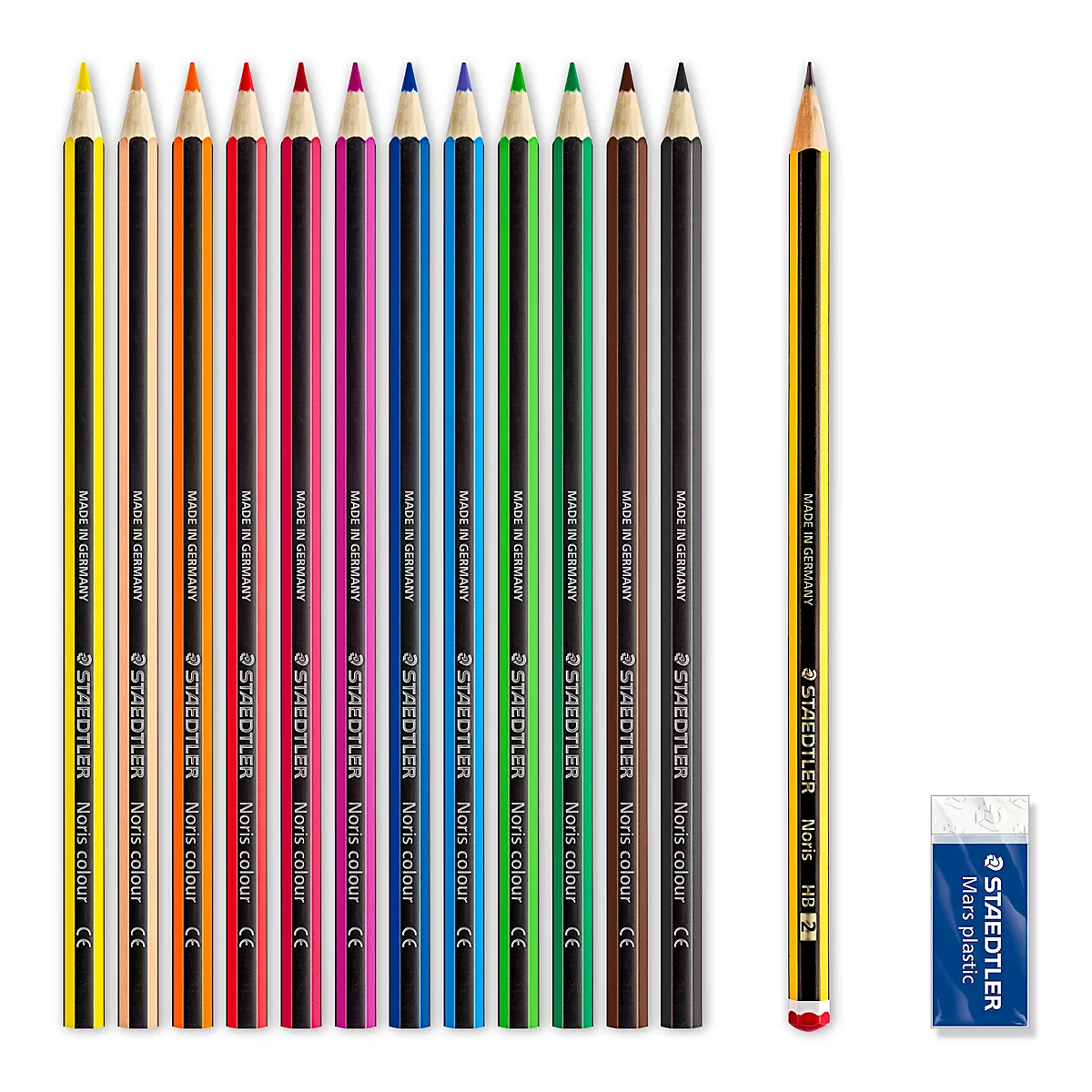 Kleurpotloden Staedtler Noris® kleur 185, HB, zeshoekig, anti-slip en breukvast, duurzaam en PEFC®-gecertificeerd WOPEX-materiaal, geassorteerde kleuren, 12 st.
