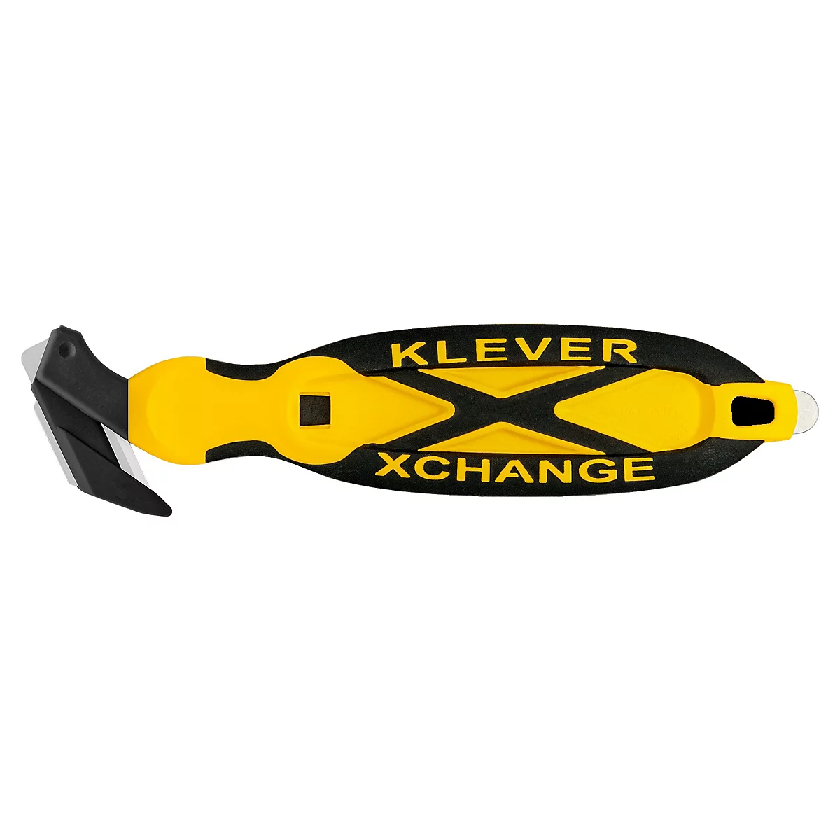 Un couteau de sécurité Klever Xchange jaune et noir avec l'inscription "KLEVER XCHANGE".