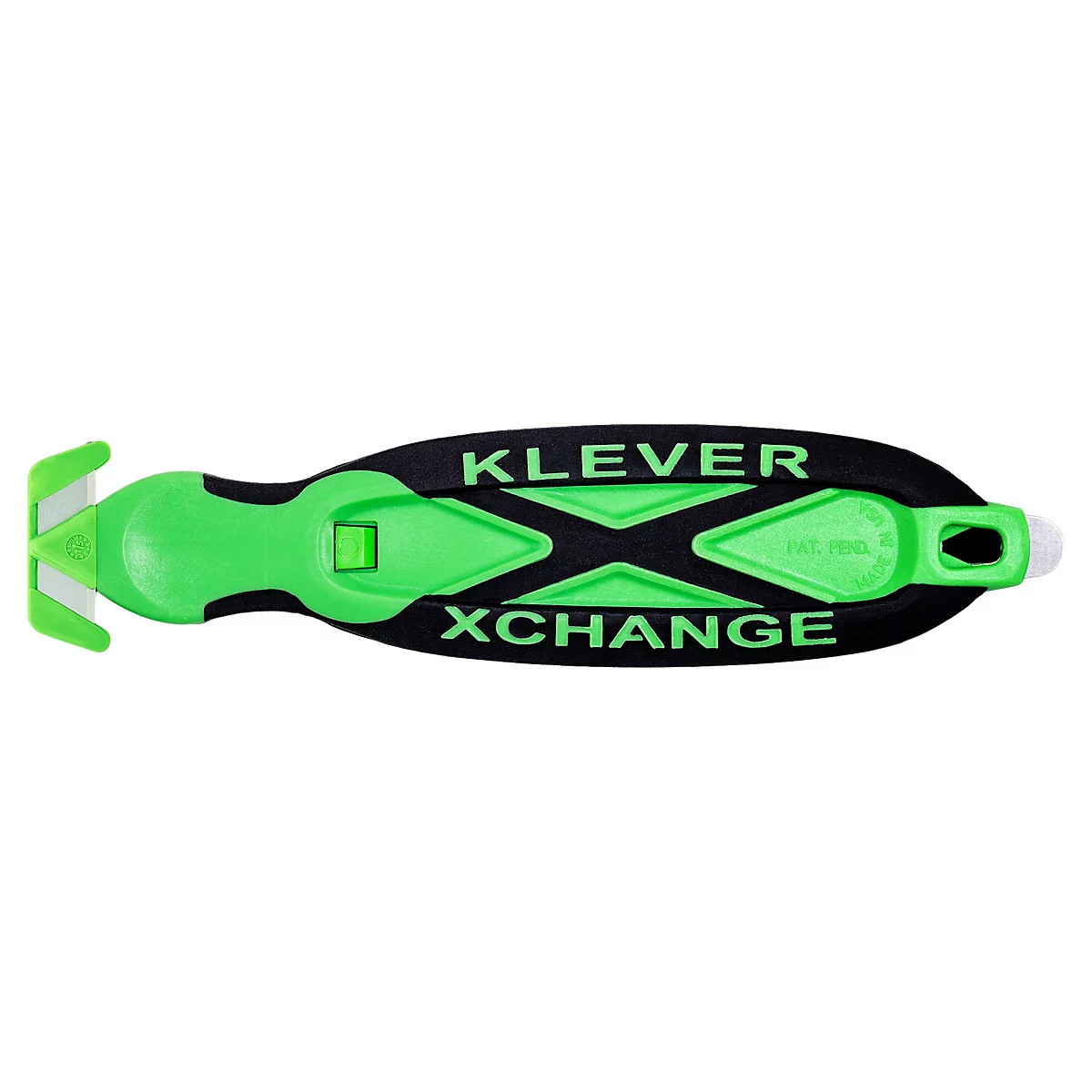 Couteau de sécurité vert et noir avec l'inscription "KLEVER XCHANGE".