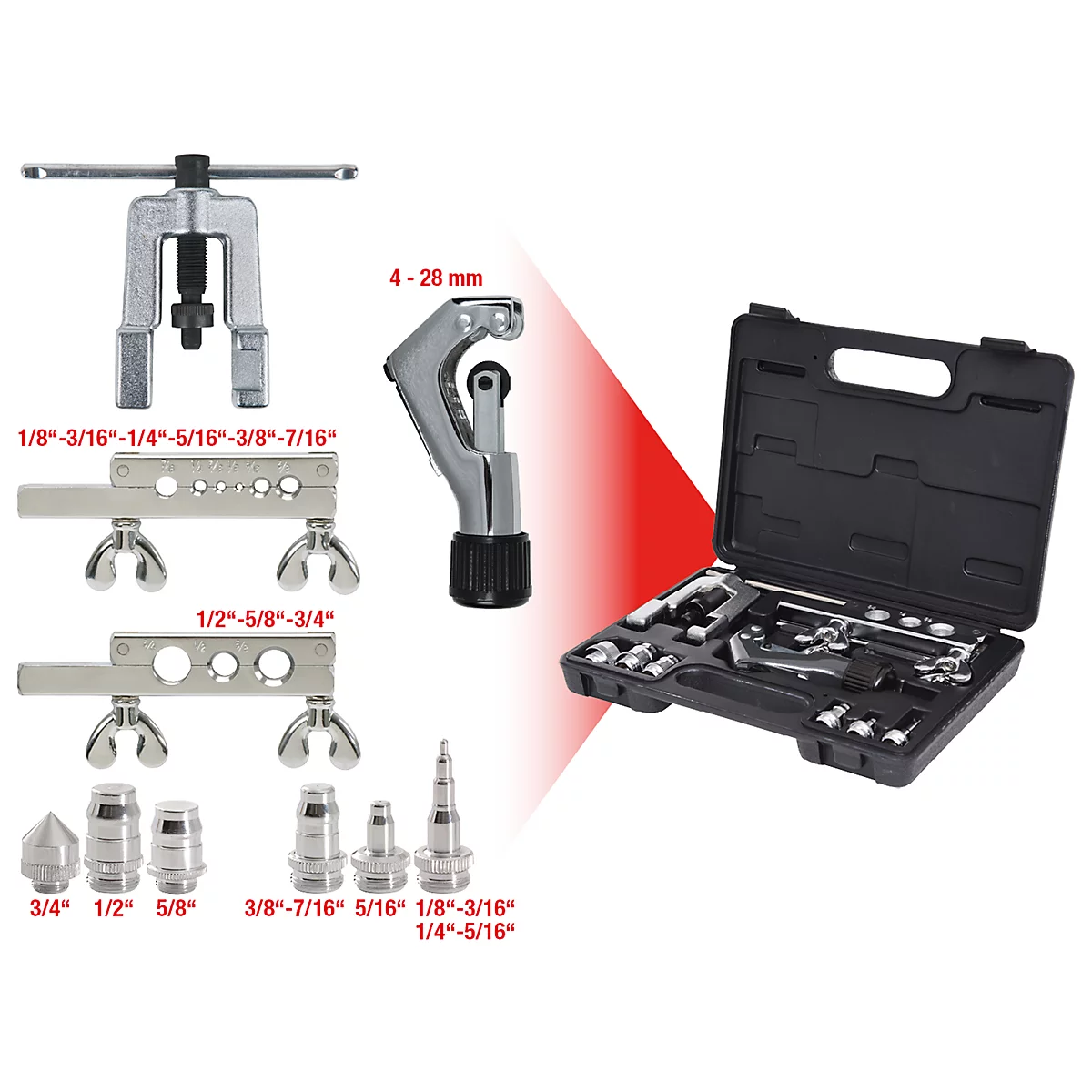 Werkzeug-Set für Bremsleitungen mit Werkzeugen, Rohrschneider und Koffer.