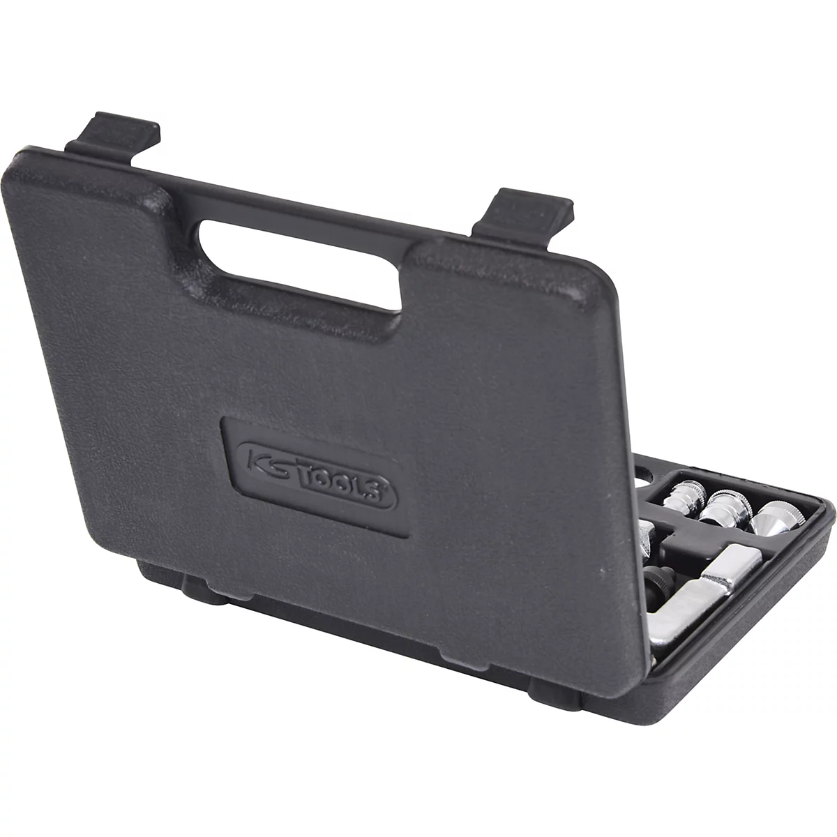 Schwarzer Werkzeugkoffer, halb geöffnet. Innen Schraubenschlüssel, Werkzeugsatz.