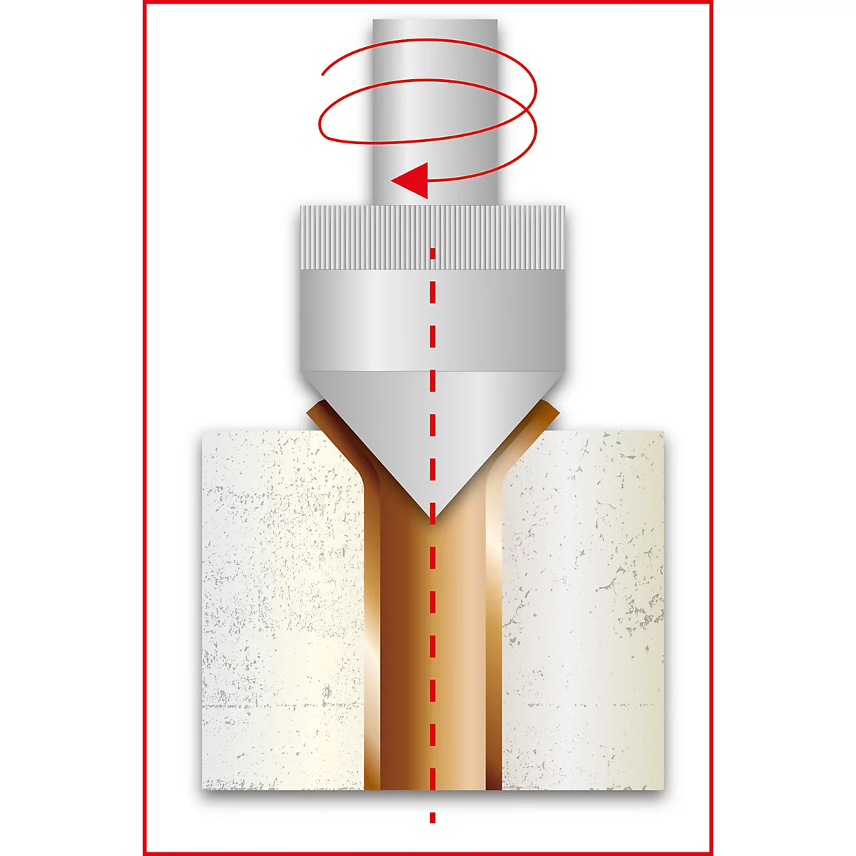 Schnittbild einer Maschine, die zwei Metallteile formt. Oben dreht sich ein Bohrer, darunter ein V-förmiger Schlitz.