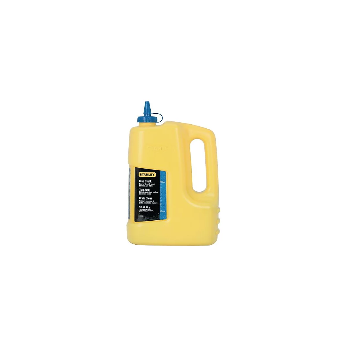 Gele Stanley krijtfles met blauwe dop en handvat. Sticker met tekst "Blue Chalk".
