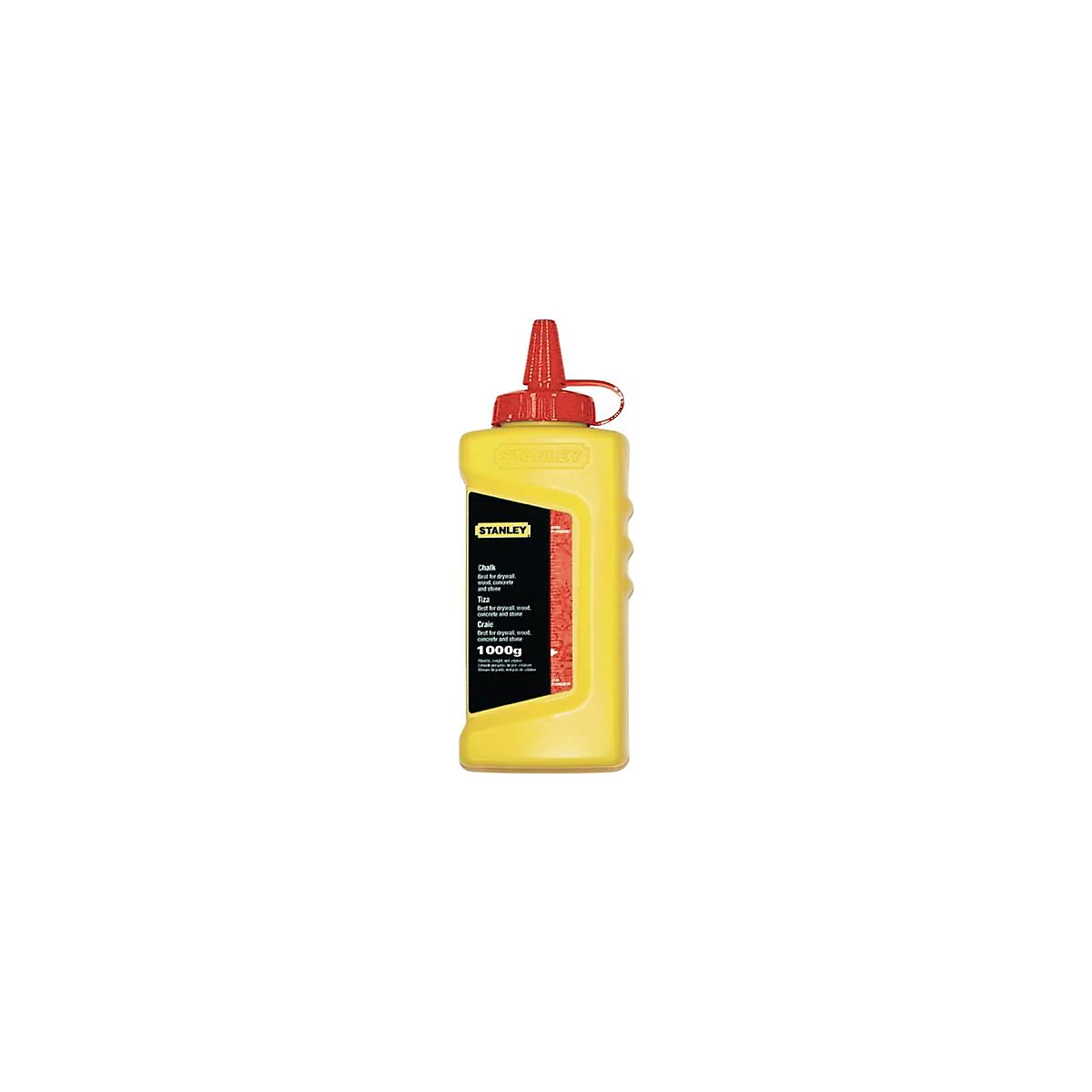 Gele Stanley markerfles met rode dop. Zwart label: Chalk, Tiza, Craie, 1000g.