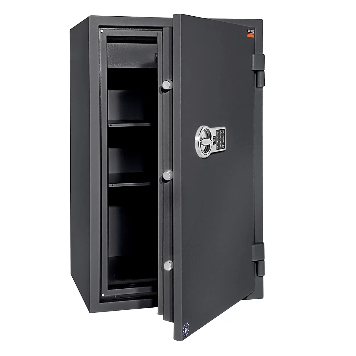 Kluis FRS 93, brandwerendheid LFS 60P volgens EN 15659, veiligheidsniveau S 2, elektronisch slot, 2 legborden &amp; 1 uittrekbare lade, B 565 x D 450 x H 972 mm, grafietgrijs RAL 7024