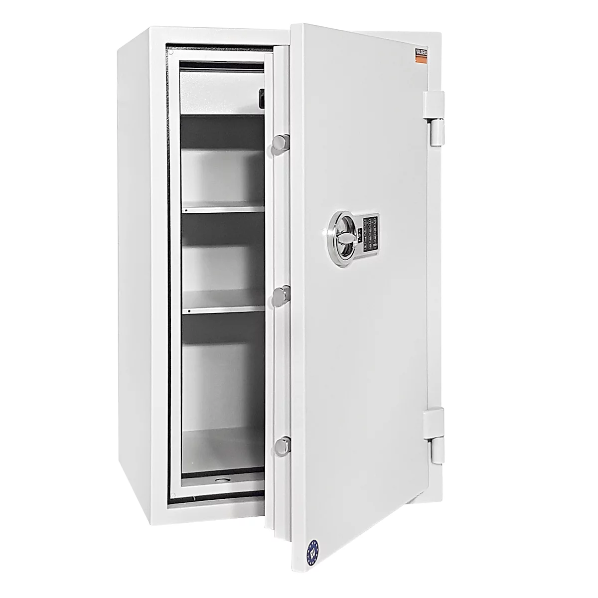 Kluis FRS 93, brandwerendheid LFS 60P volgens EN 15659, veiligheidsniveau S 2, elektronisch slot, 2 legborden &amp; 1 uittrekbare lade, B 565 x D 450 x H 972 mm, lichtgrijs RAL 7035
