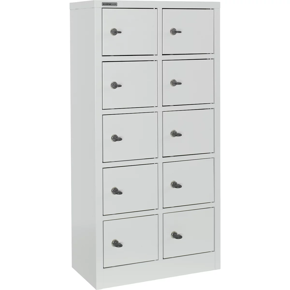 Kluis met 10 afsluitbare compartimenten - metaal - B 390 x D 200 x H 780 mm - lichtgrijs RAL 7035 - met metalen afdekplaat - ons merk Schäfer Shop Select