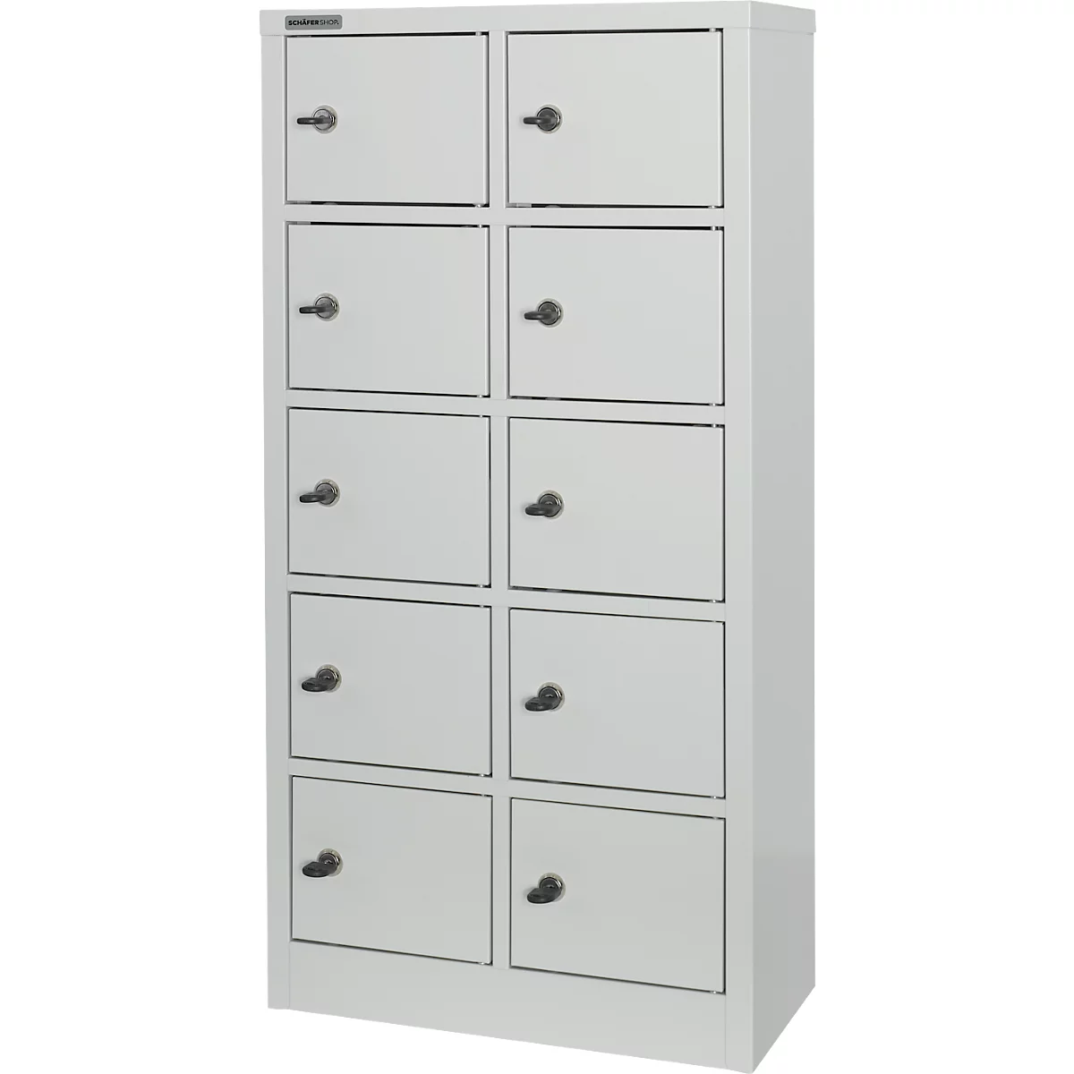 Kluis met 10 afsluitbare compartimenten - metaal - B 390 x D 200 x H 780 mm - lichtgrijs RAL 7035 - met metalen afdekplaat - ons merk Schäfer Shop Select