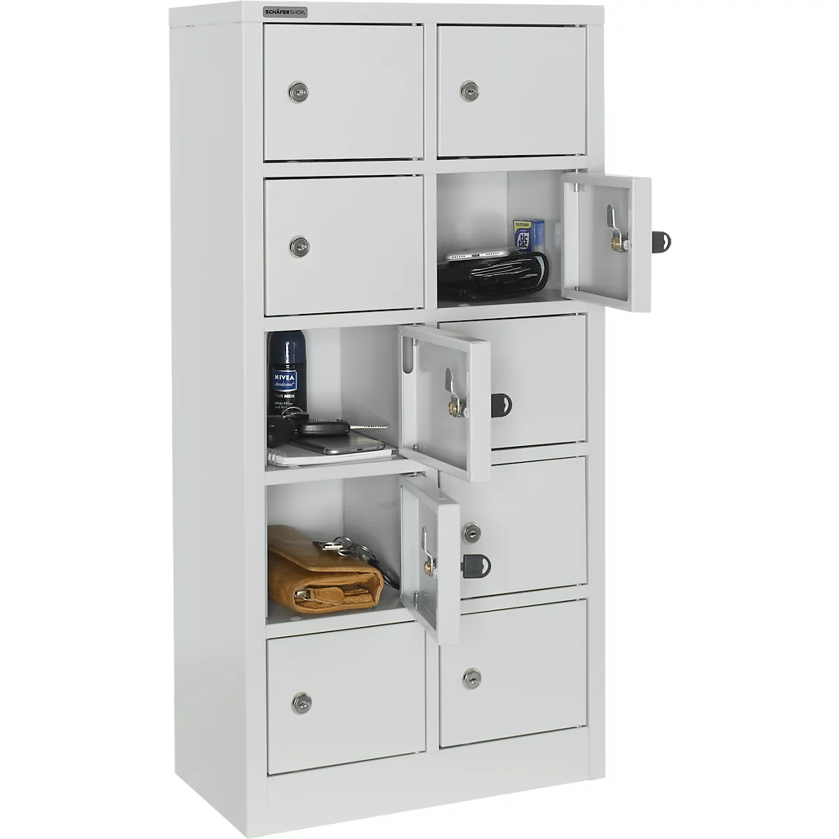Kluis met 10 afsluitbare compartimenten - metaal - B 390 x D 200 x H 780 mm - lichtgrijs RAL 7035 - met metalen afdekplaat - ons merk Schäfer Shop Select