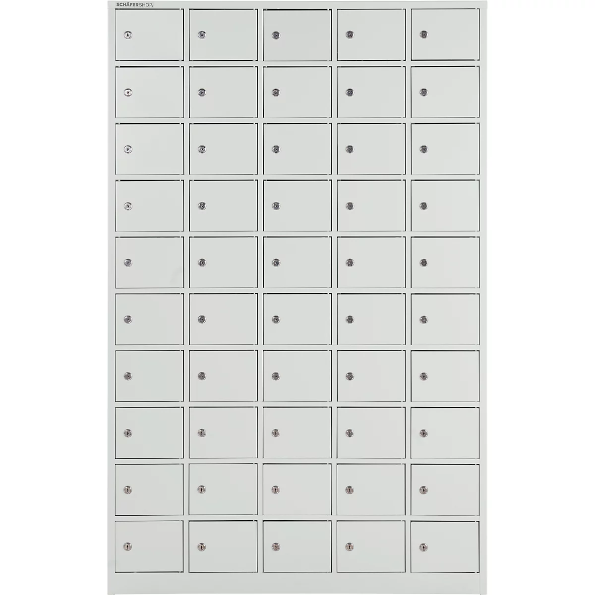 kluis met 50 afsluitbare compartimenten - metaal - B 980 x D 200 x H 1530 mm - lichtgrijs RAL 7035 - met metalen afdekplaat. - ons merk Schäfer Shop Select
