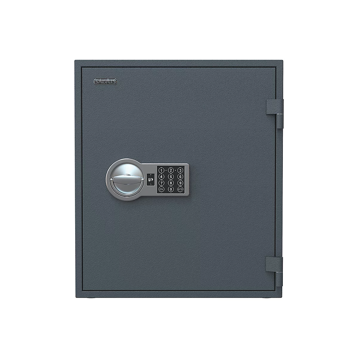 Grijze kluis met elektronisch toetsenbord en draaiknop tegen een witte achtergrond.