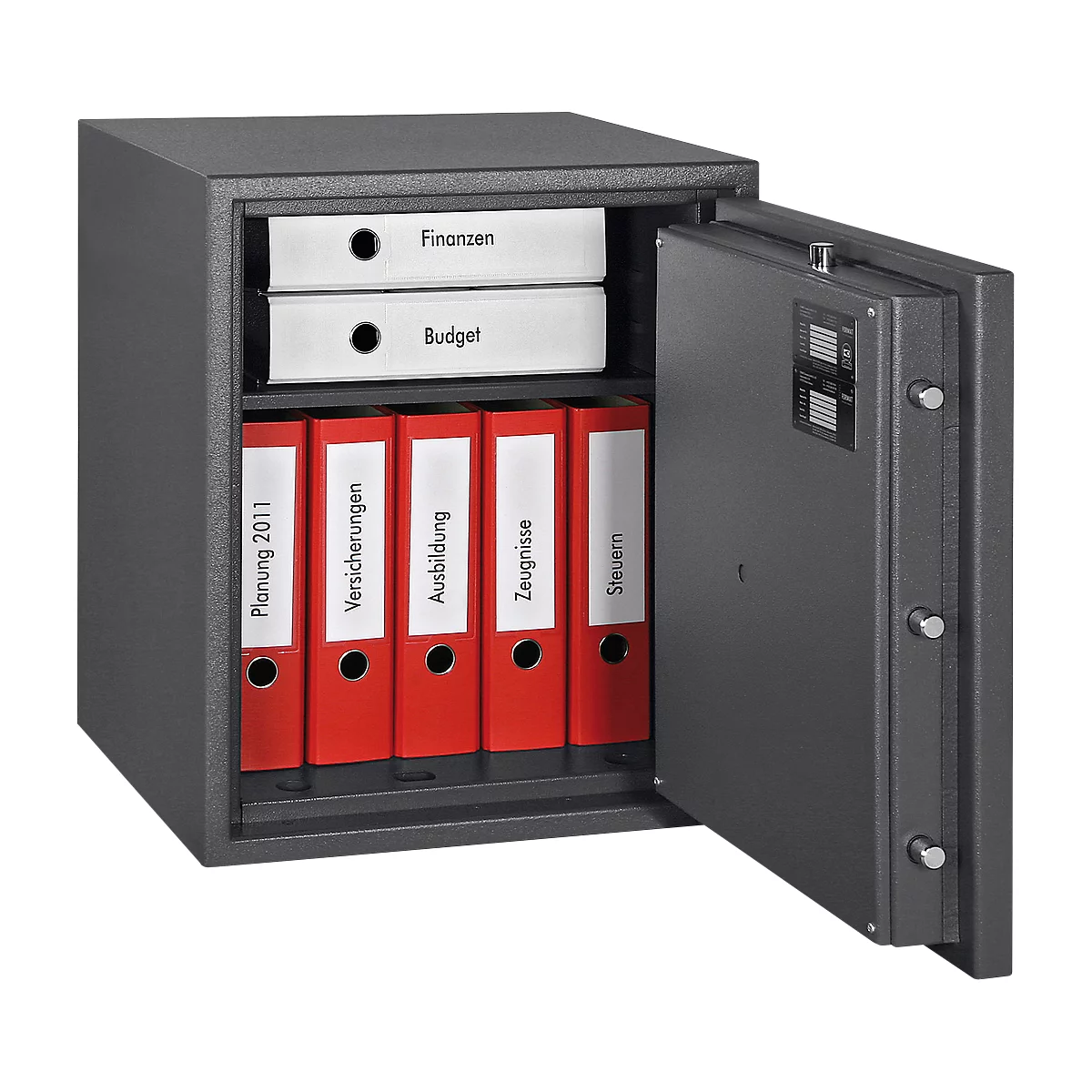 Open, grijze kluis met mappen met de labels Financiën, Budget, Planning, Verzekering, Onderwijs, Certificaten, Belastingen.