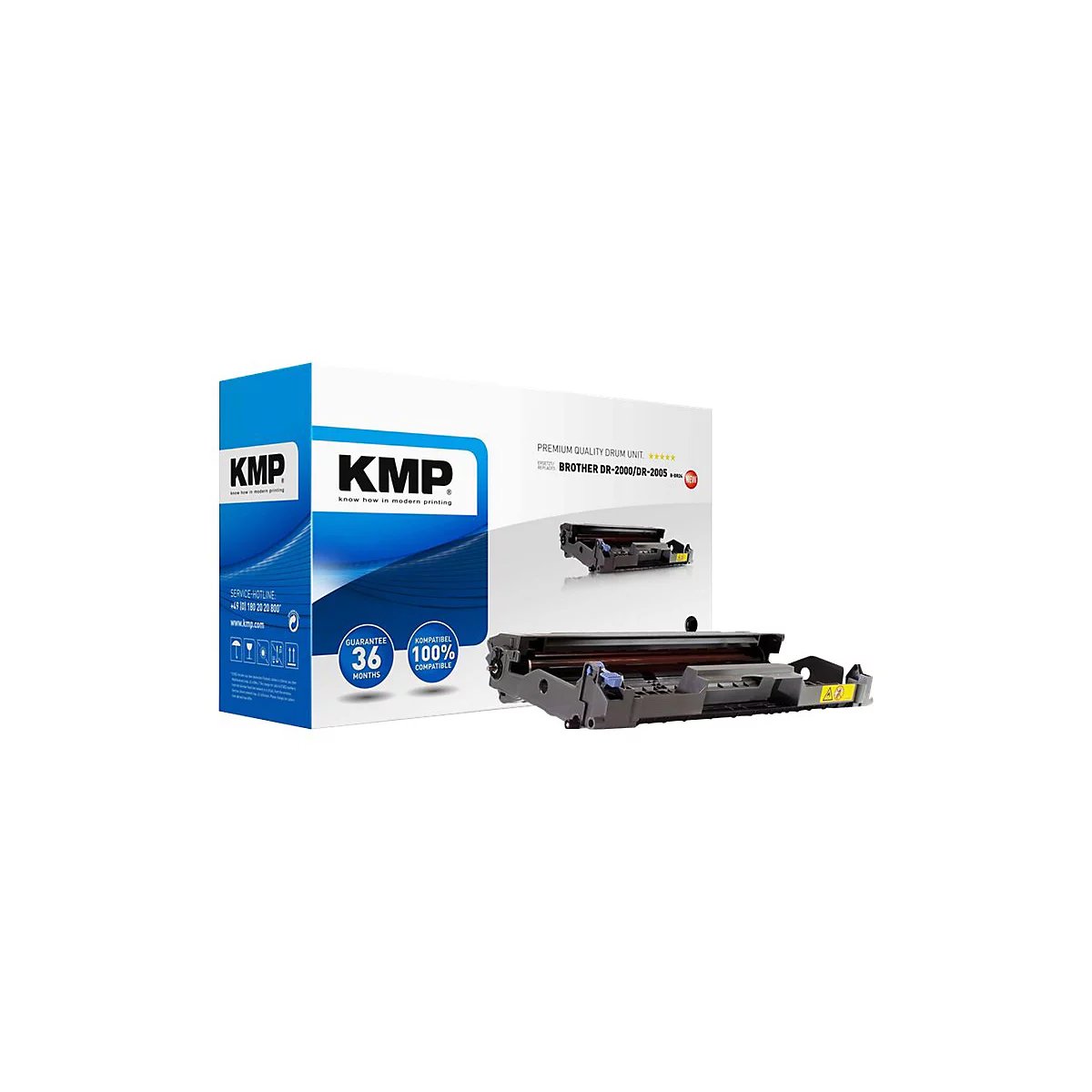 Eine Trommeleinheit von KMP vor einer Verpackung. Auf der Verpackung steht KMP und Brother DR-2000/DR-2005.