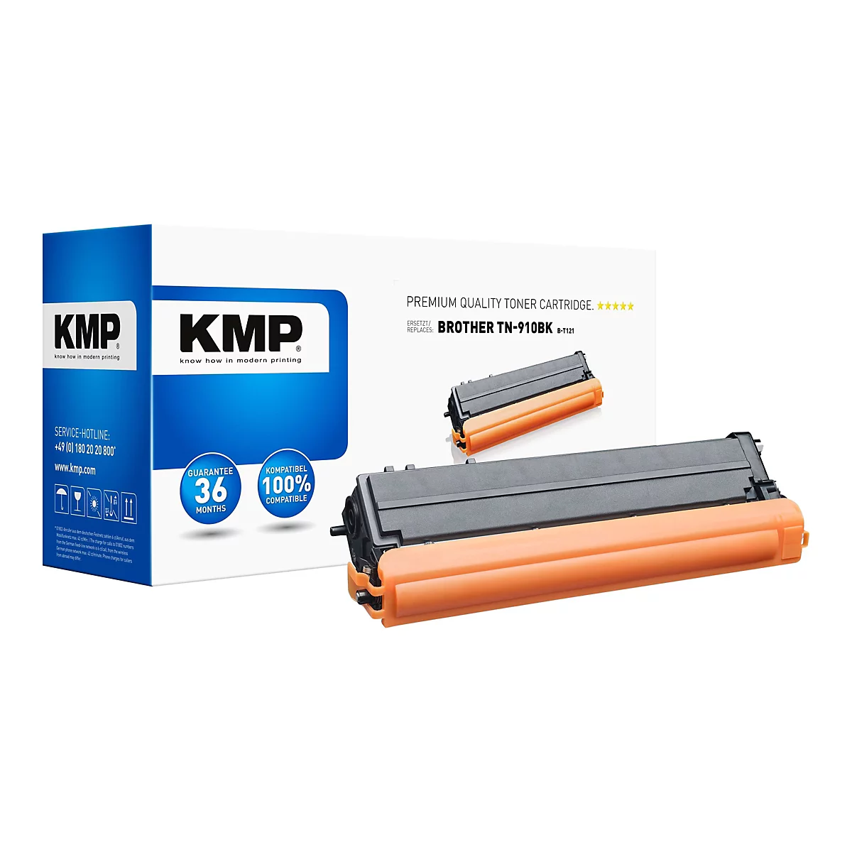 KMP Tonerkartusche B-T121 als Ersatz für Brother TN-910BK vor weißer Verpackung.