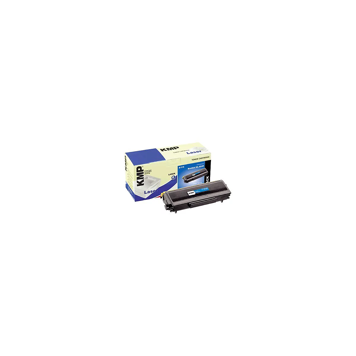 Schwarze Tonerkartusche und -verpackung mit 'KMP Laser' Schriftzug.