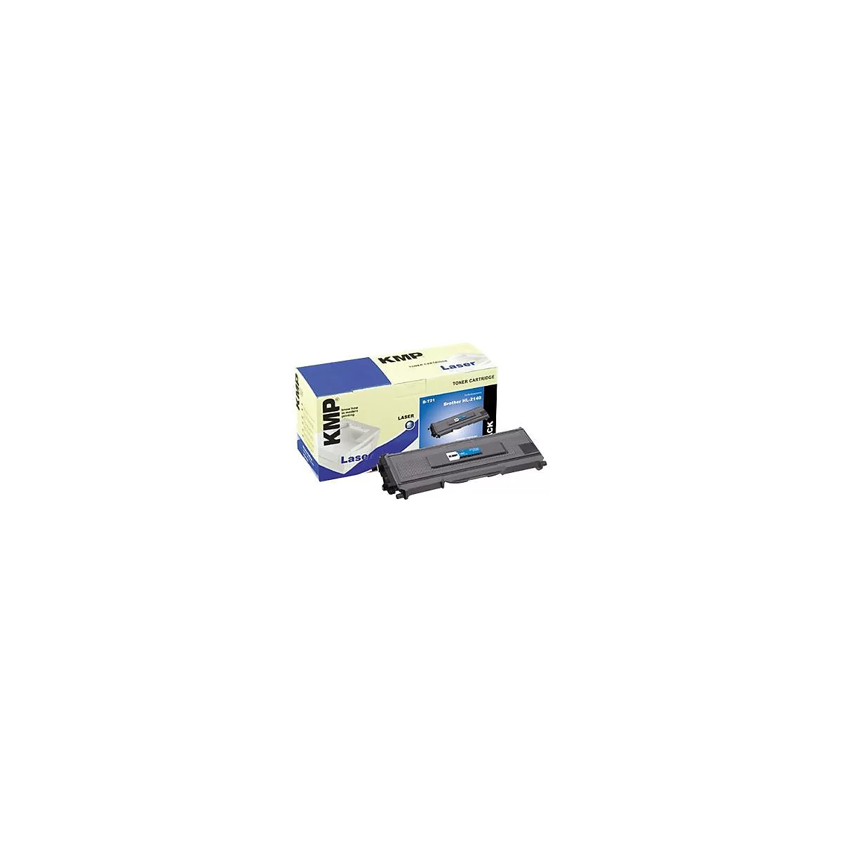 KMP Tonerkartusche B-T21 für Brother HL-2140 Drucker vor der gelb-blauen Produktverpackung.