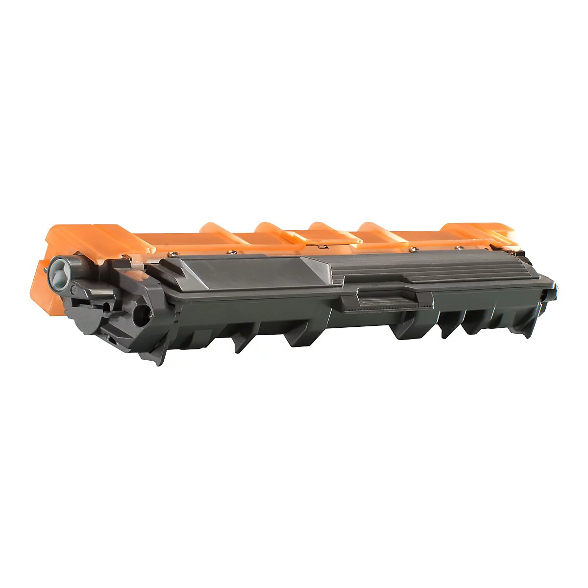 Eine schwarze Lasertoner-Kartusche mit orangefarbenen Schutzkappen vor weißem Hintergrund.