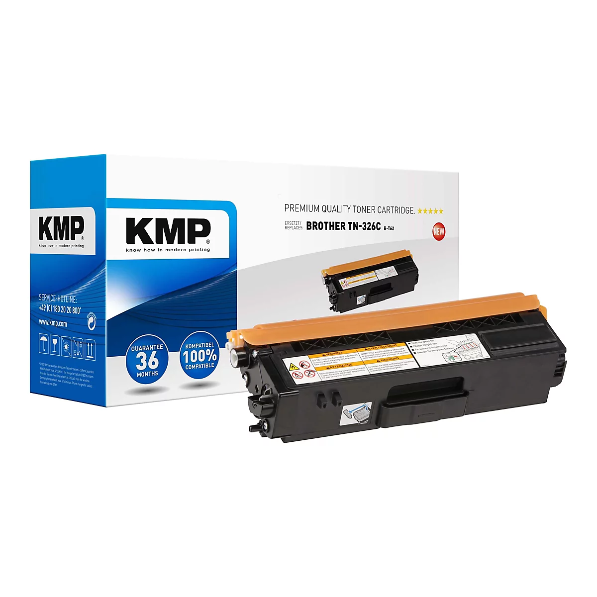 Toner-Patrone mit Schriftzug. Daneben die Verpackung mit Markenlogo.