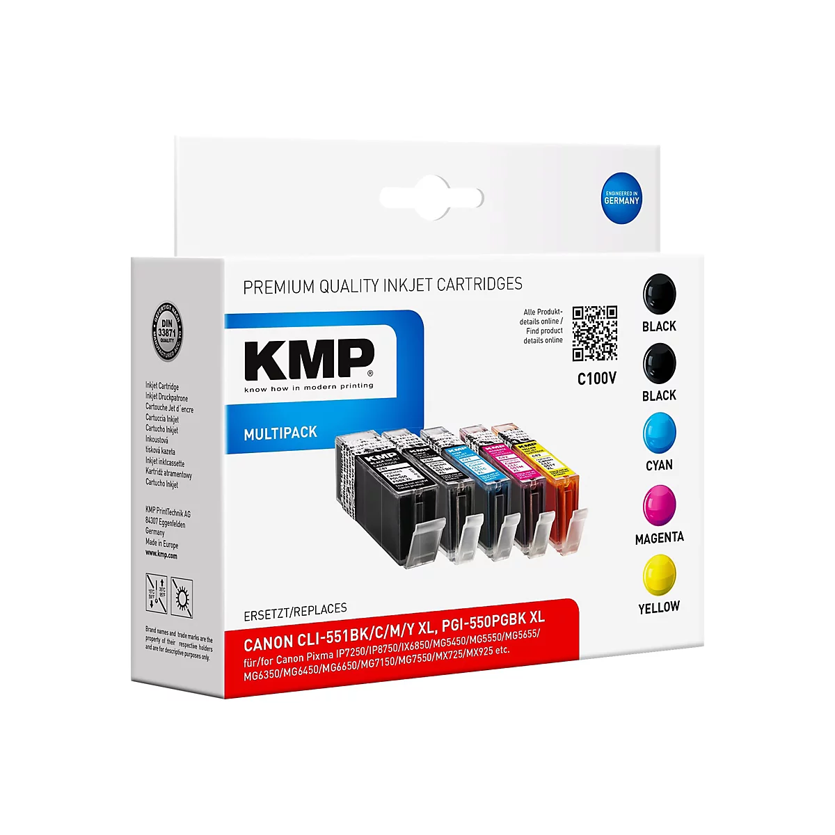 KMP MULTIPACK C100V - 5er-Pack - Schwarz, Gelb, Cyan, Magenta - Tintenpatrone (Alternative zu: Canon CLI-551BK XL, Canon PGI-550PGBK XL, Canon CLI-551M XL, Canon CLI-551Y XL, Canon CLI-551C XL, Canon 6431B001, Canon 6446B001, Canon 6443B001, Canon...