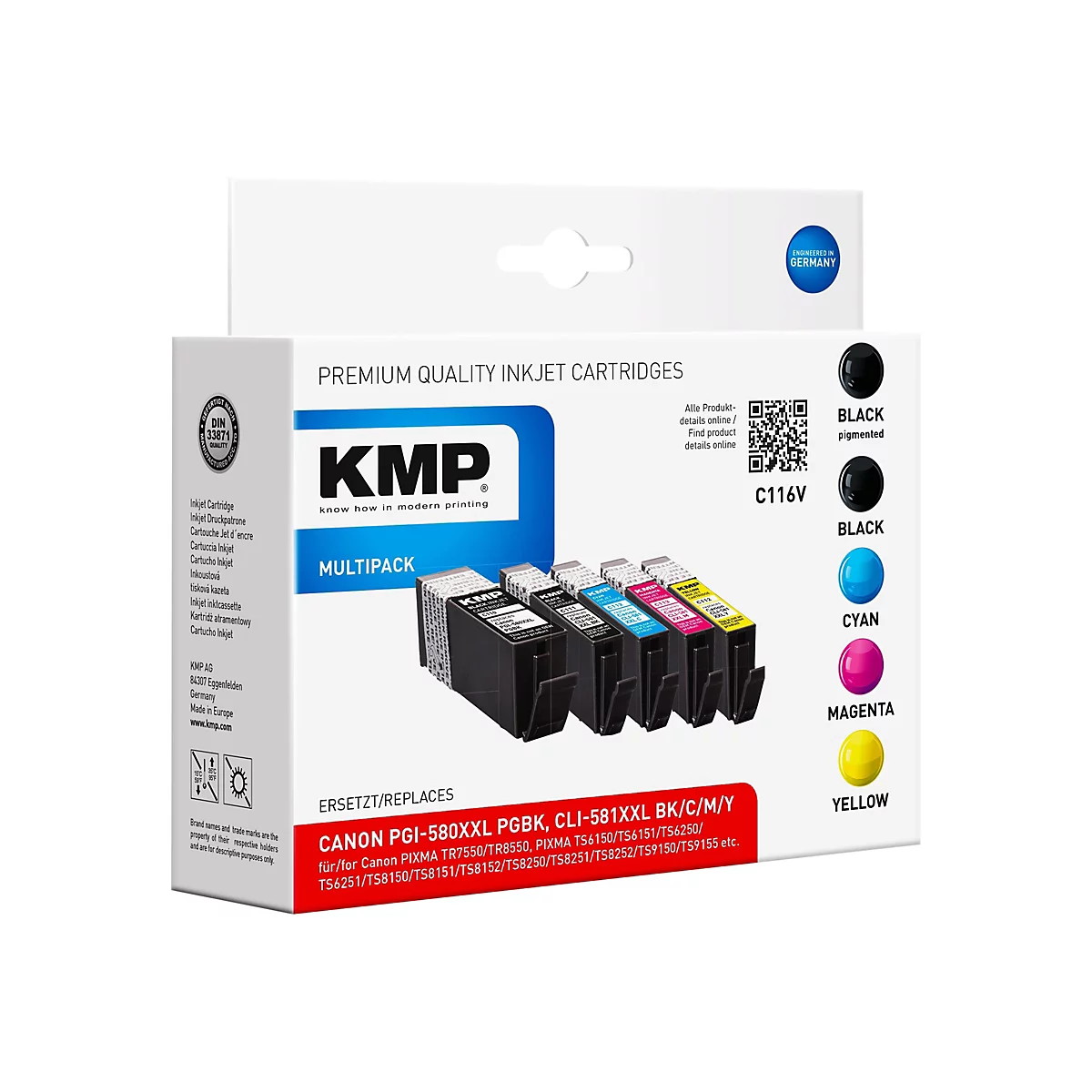 KMP MULTIPACK C116V - 5er-Pack - Größe XXL - Schwarz, Gelb, Cyan, Magenta - Tintenpatrone (Alternative zu: Canon CLI-581BKXXL, Canon CLI-581CXXL, Canon CLI-581MXXL, Canon CLI-581YXXL, Canon PGI-580PGBKXXL)