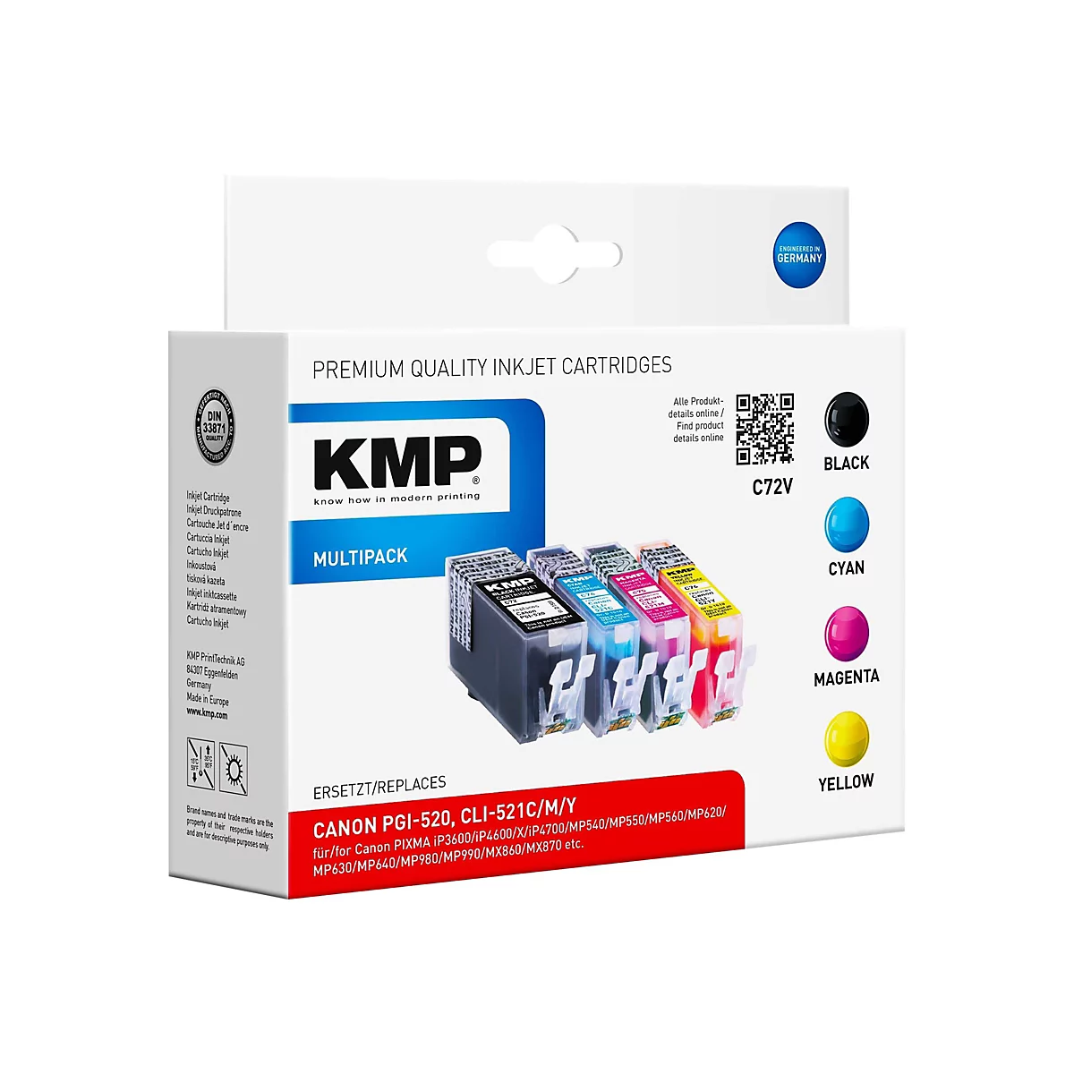 KMP MULTIPACK C72V - 4er-Pack - Schwarz, Gelb, Cyan, Magenta - Tintenpatrone (Alternative zu: Canon CLI-521M, Canon PGI-520BK, Canon CLI-521Y, Canon CLI-521C, Canon 2934B001, Canon 2935B001, Canon 2936B001, Canon 2932B012)