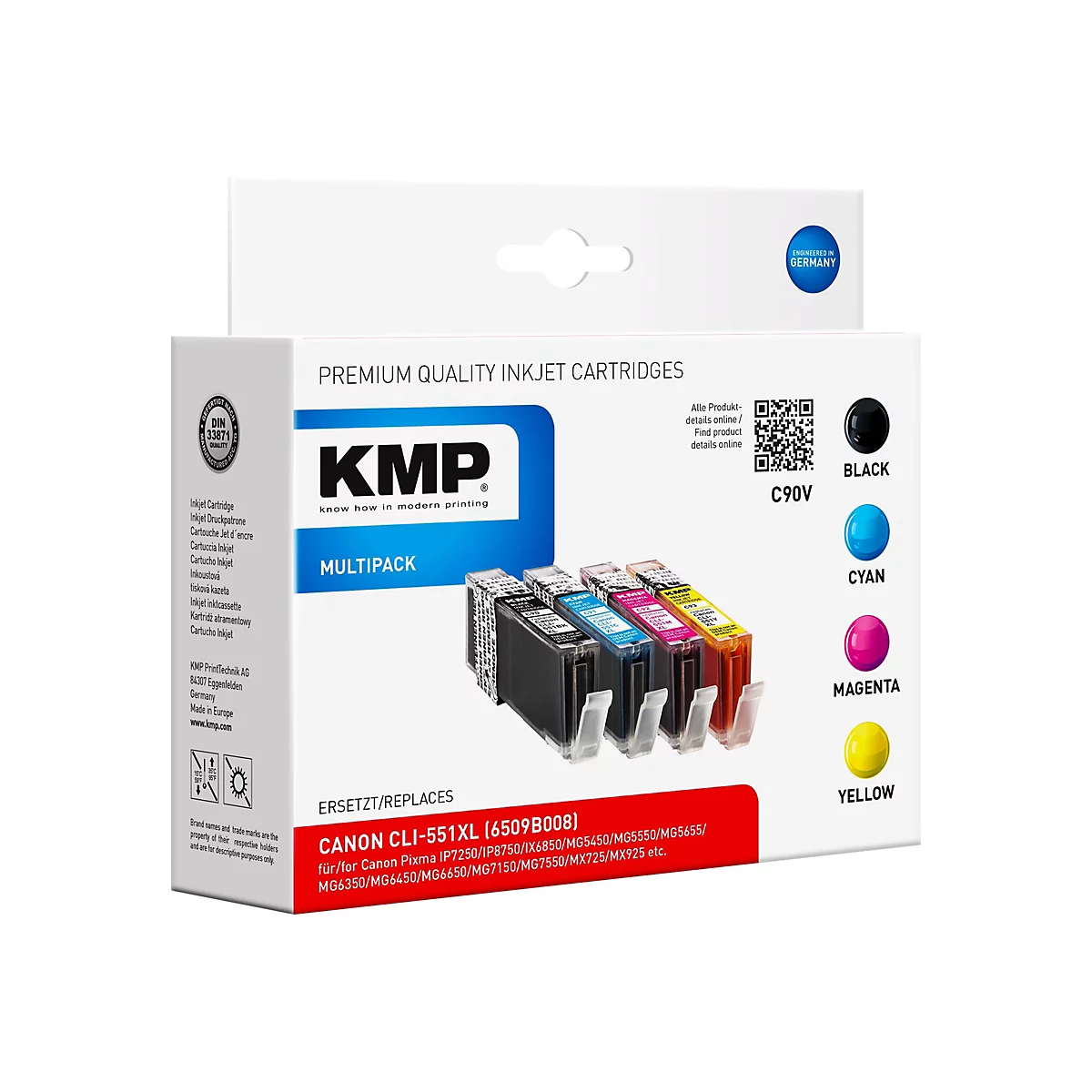 KMP MULTIPACK C90V - 4er-Pack - Schwarz, Gelb, Cyan, Magenta - Tintenpatrone (Alternative zu: Canon CLI-551BK XL, Canon CLI-551M XL, Canon CLI-551Y XL, Canon CLI-551C XL, Canon 6446B001, Canon 6443B001, Canon 6444B001, Canon 6445B001)
