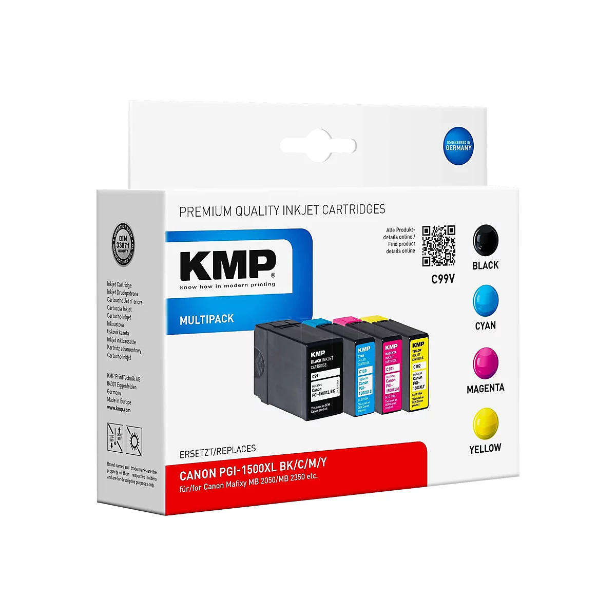 KMP MULTIPACK C99V - 4er-Pack - Schwarz, Gelb, Cyan, Magenta - Tintenpatrone (Alternative zu: Canon PGI-1500XL BK, Canon PGI-1500XL C, Canon PGI-1500XL M, Canon PGI-1500XL Y, Canon 9182B001, Canon 9195B001, Canon 9193B001, Canon 9194B001)