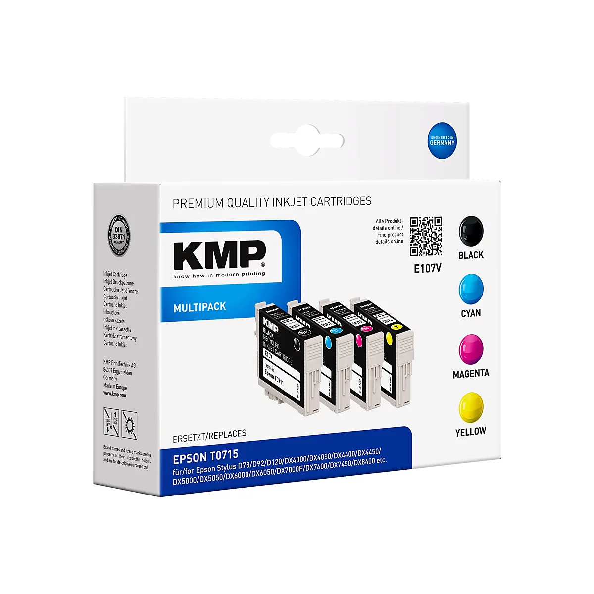 KMP MULTIPACK E107V - 4er-Pack - Schwarz, Gelb, Cyan, Magenta - Tintenpatrone (Alternative zu: Epson T0711, Epson T0712, Epson T0713, Epson T0714, Epson C13T07114011, Epson C13T07124011, Epson C13T07134011, Epson C13T07144011)