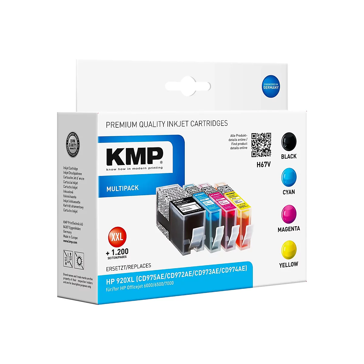 KMP MULTIPACK H67V - 4er-Pack - Größe XXL - Schwarz, Gelb, Cyan, Magenta - Tintenpatrone (Alternative zu: HP 920XL, HP CD972AE, HP CD973AE, HP CD974AE, HP CD975AE, HP C2N92AE)
