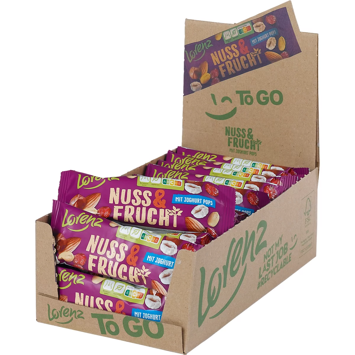 Knabbergebäck Lorenz Nuss & Frucht Pops, Mischung aus Nüssen und Früchten mit Joghurtcreme, 28 Tüten mit jeweils 40 g, in Spenderkarton