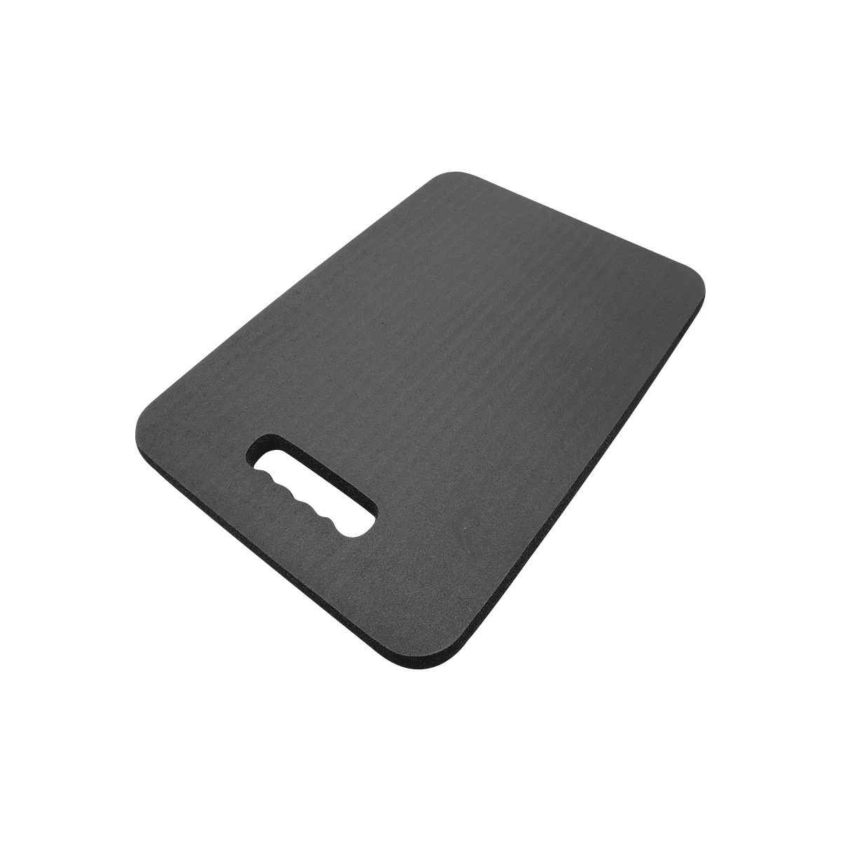 Black knee pad with handle hole, rectangular with rounded corners.