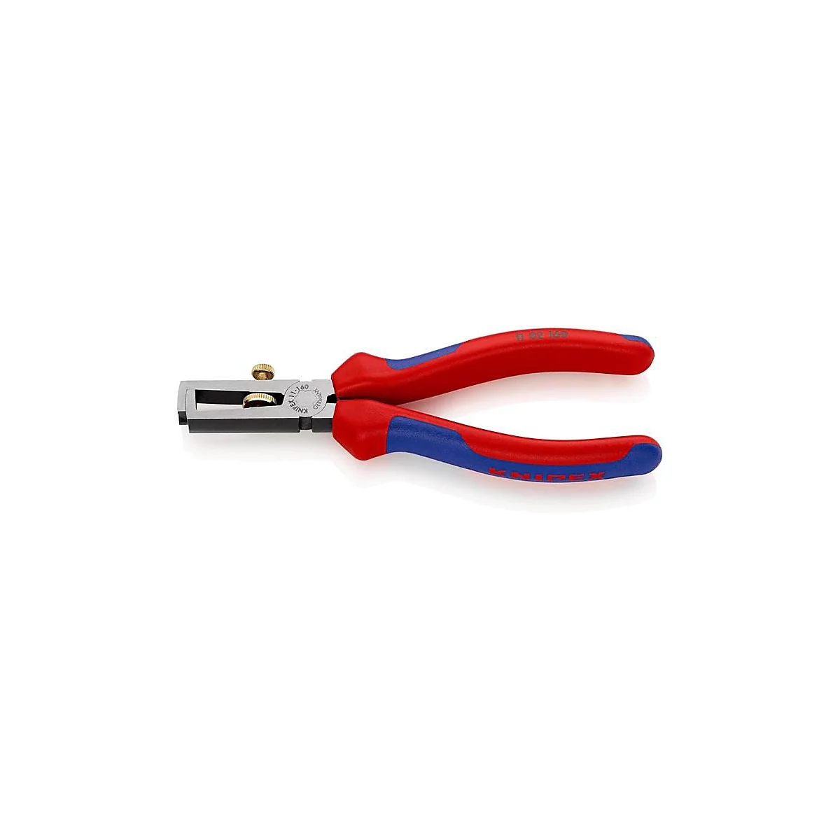 Abisolierzange mit roten und blauen Griffen, silbernen Metallteilen, verstellbarer Schraube. Der Schriftzug "KNIPEX 1211-140" ist sichtbar.