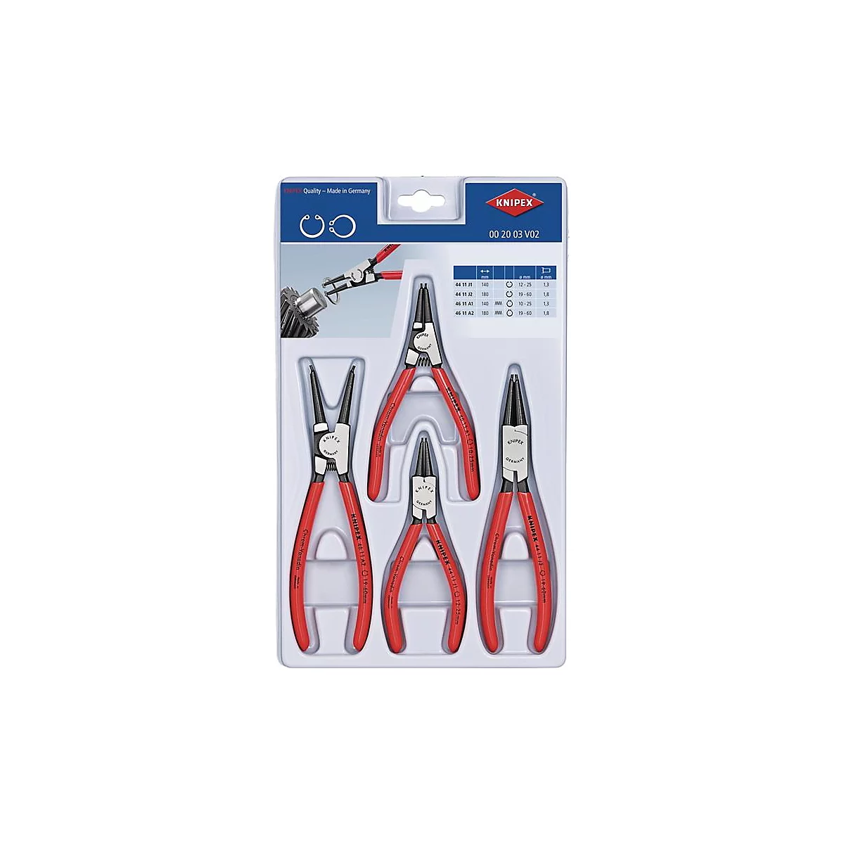 KNIPEX borgveertangen set van 4, voor binnen- en buitenringen, Ø 10-60 mm, stevige kunststofverpakking