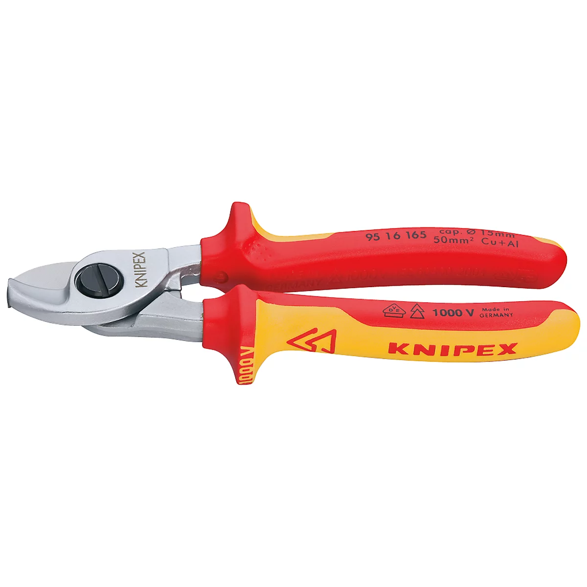 Red and yellow cable shears. Handles with lettering, silver blades. Inscription 1000 V.