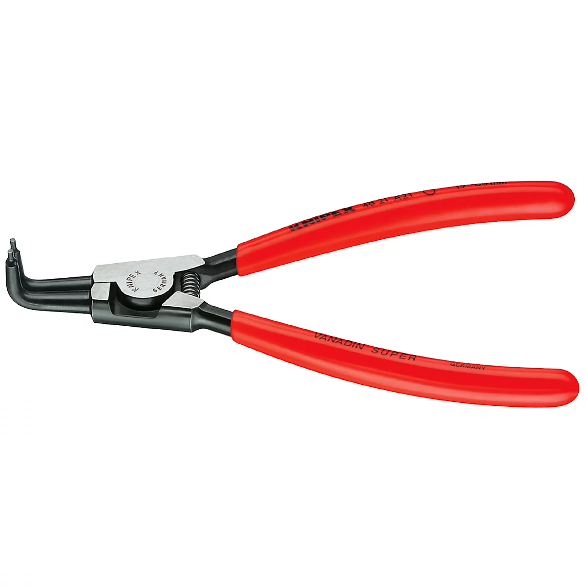 Pliers with red handles and black head, lying diagonally on white background.