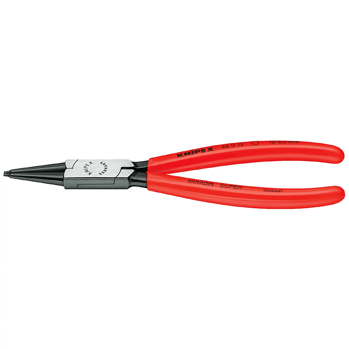 Red pliers with black jaws. The handle bears the inscription KNIPEX. The tool lies on a white background.