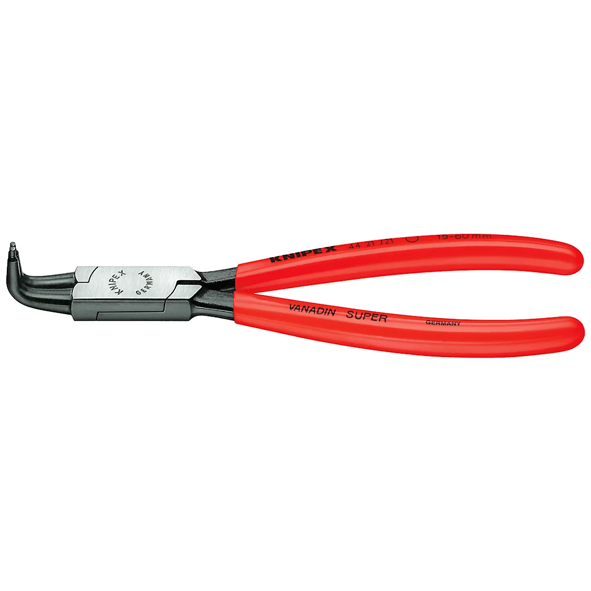 Pliers with red handle, view of the tip and the inscription "KNIPEX" and "VANADIN SUPER".
