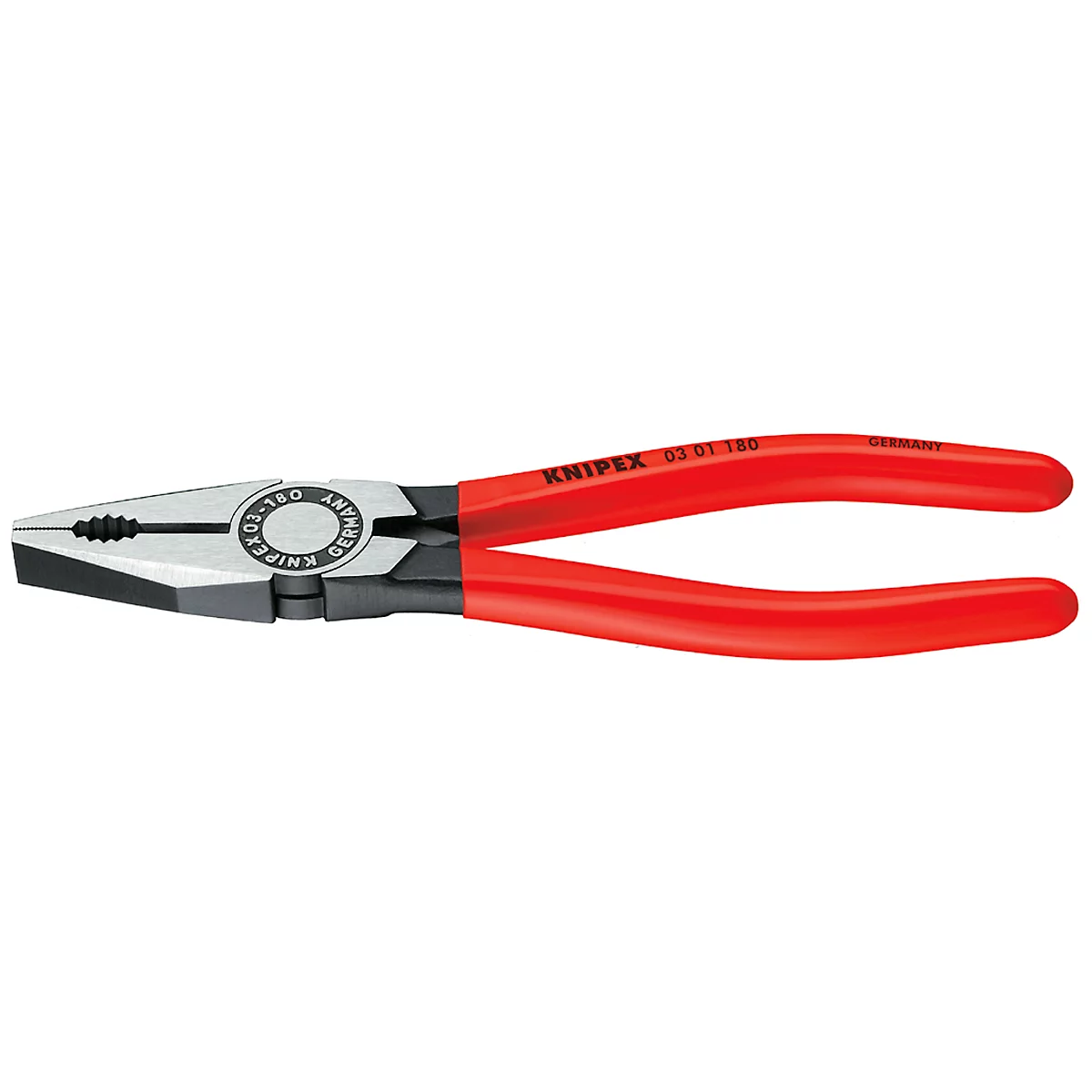Knipex pliers with red handles; product name and country of origin imprinted.